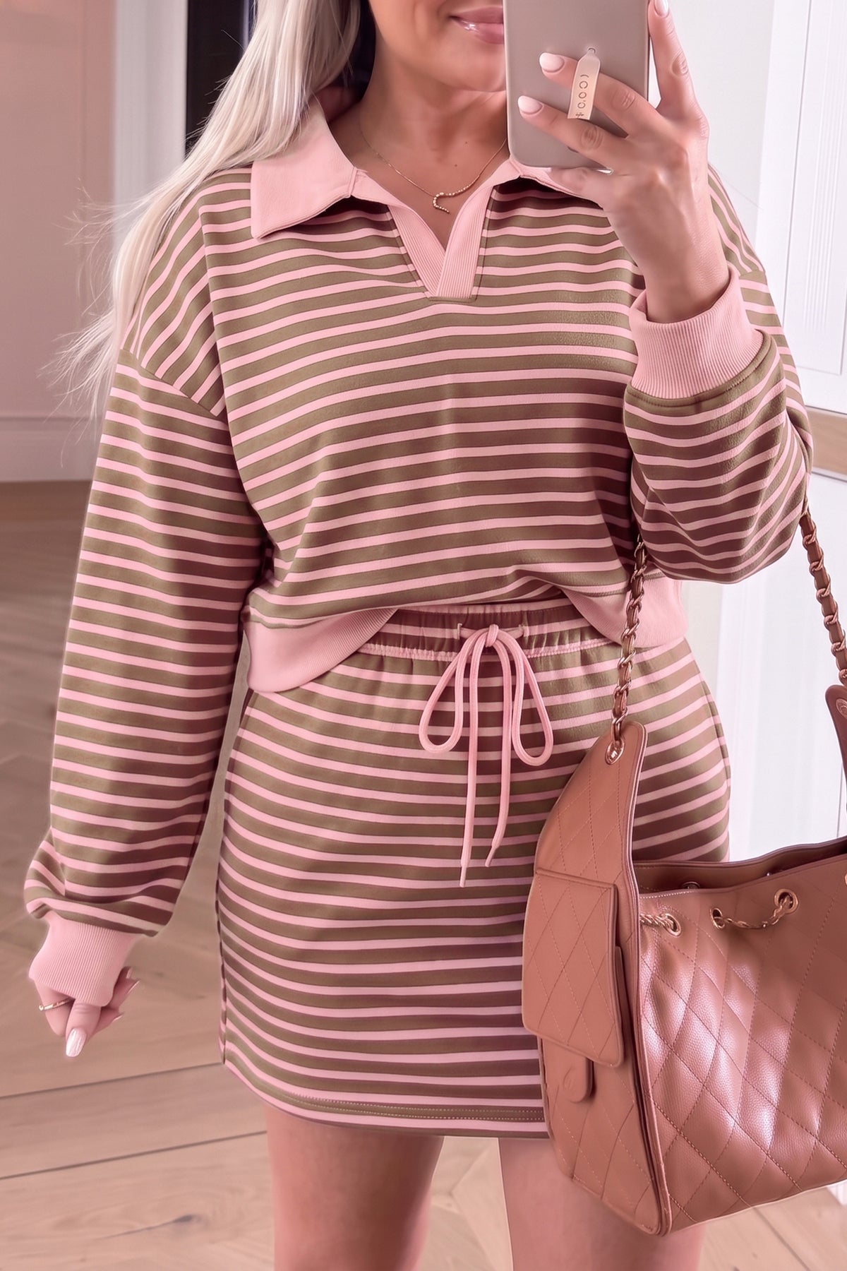 Women's Brown Stripe Striped Drawstring Waist Long-Sleeve Top Mini Skort Set