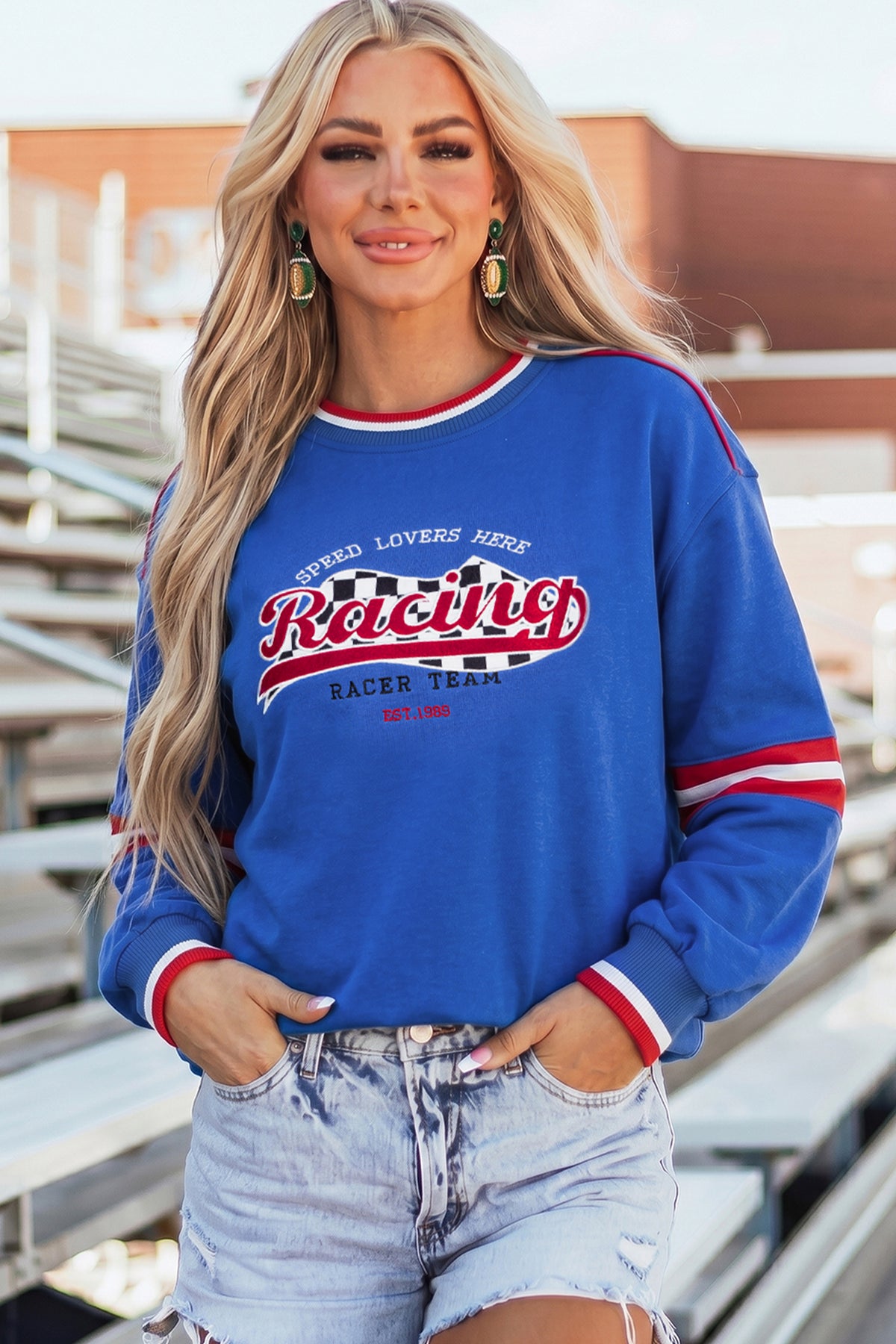 Sky Blue Abstract Racing Graphic Embroidered Sweatshirt