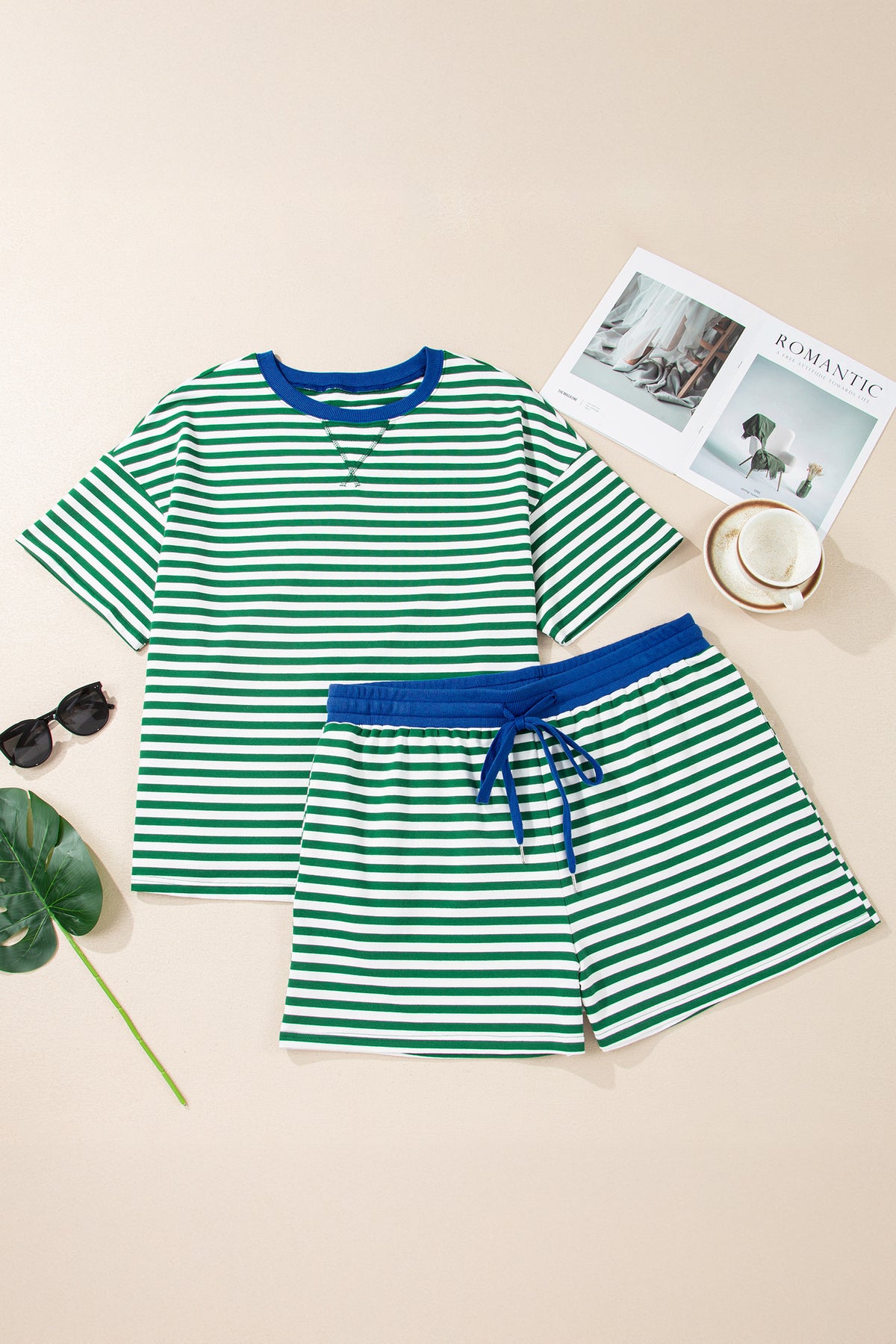 Green Stripe Boxy Tee Drawstring Elastic-Waist Plus Size Shorts Set