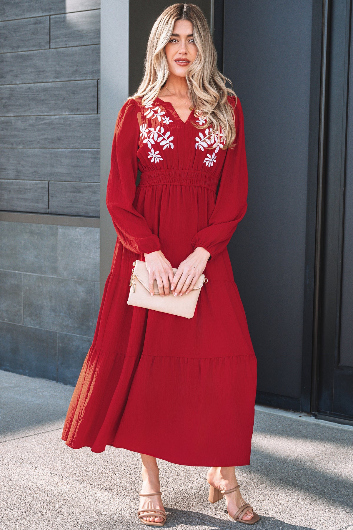 Racing Red Embroidered Cinched Waist Tiered Long Sleeve Maxi Dress