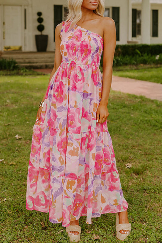 Pink Abstract One-Shoulder Maxi Dress
