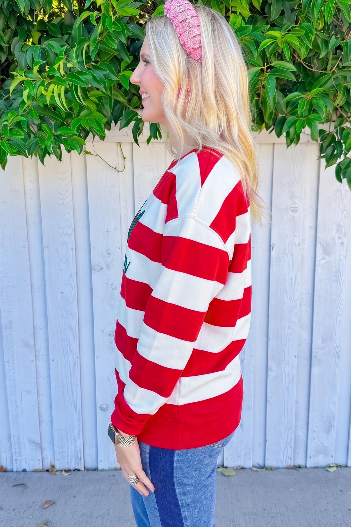 Green Stripe holly jolly Letter Embroidered Sweatshirt
