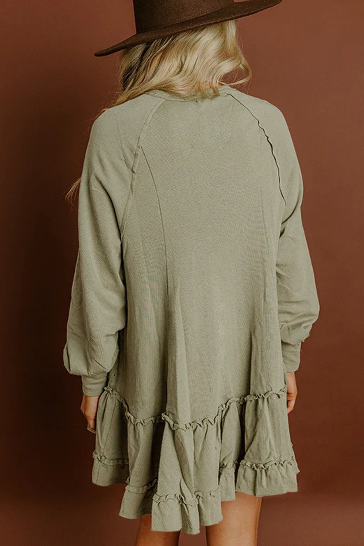 Laurel Green Jacquard Frilled Ruffled Long Sleeve Mini Dress
