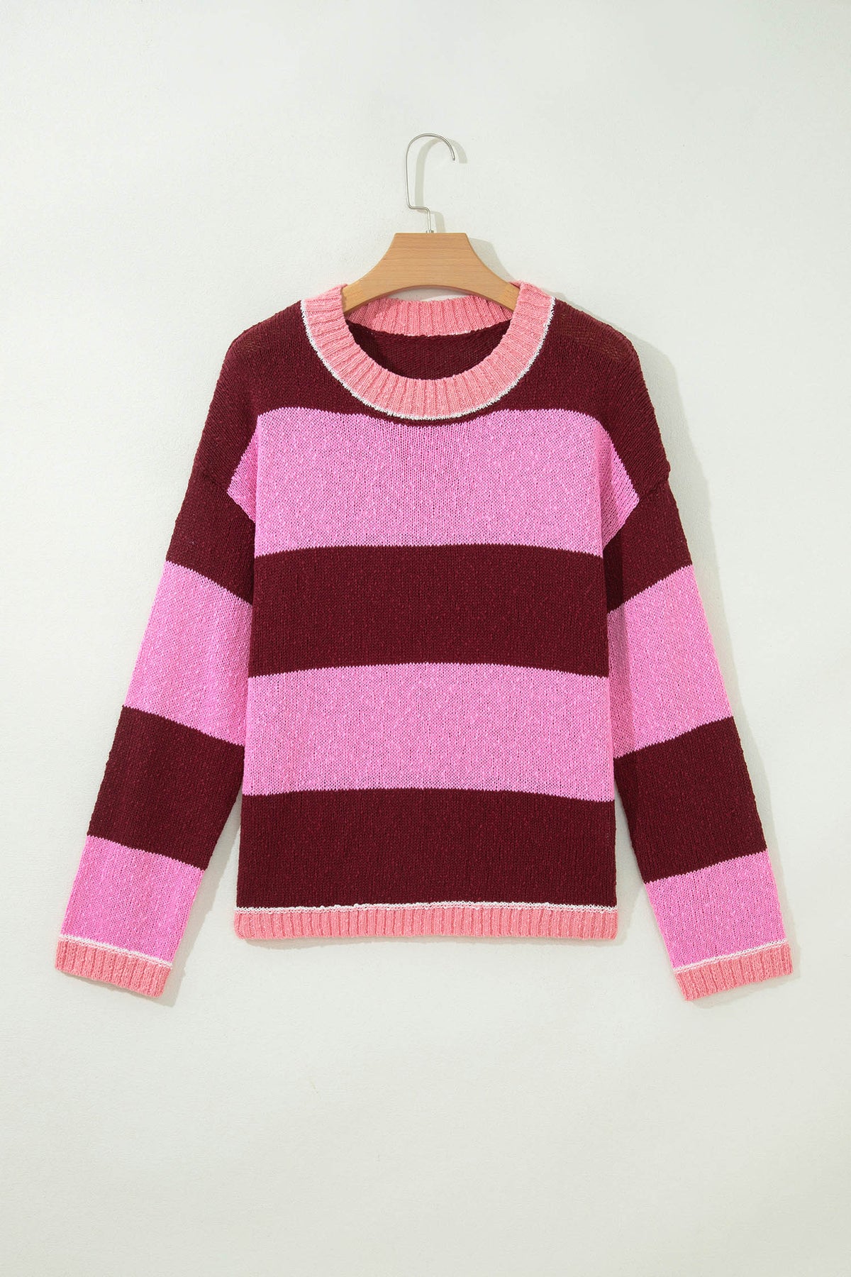 Pink Stripe Striped Drop Shoulder Long Sleeve Pullover Knit Sweater
