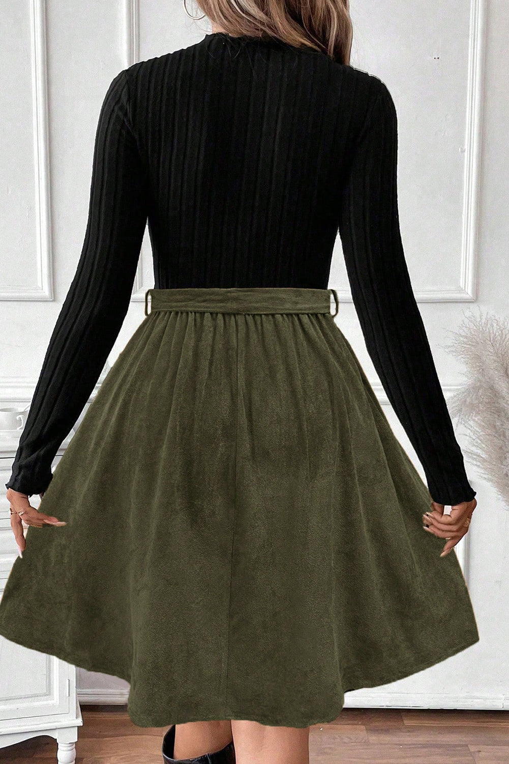 Black Ribbed Knit Slim Bodice Flared Skirt Patchwork Belted Dress