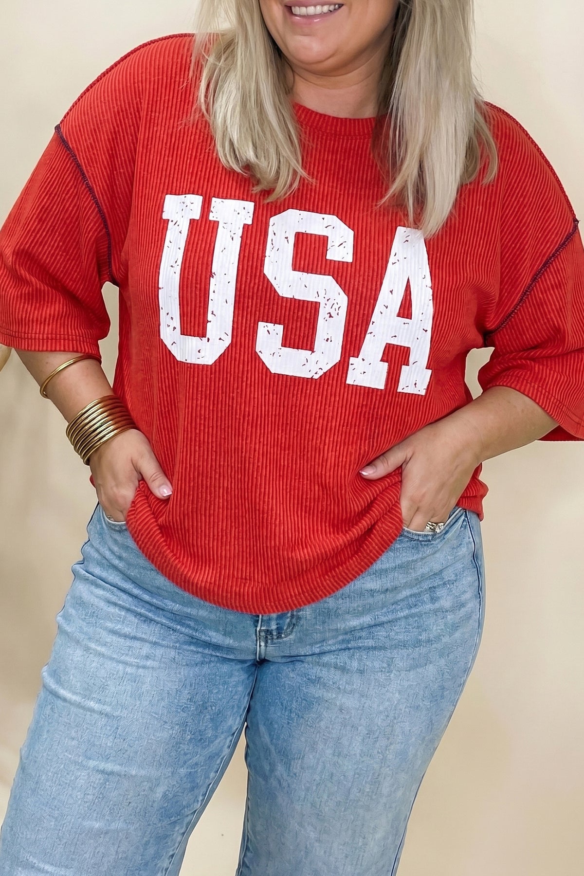 White Plus Size Twisted Rib Vintage USA Letter Printed T-Shirt