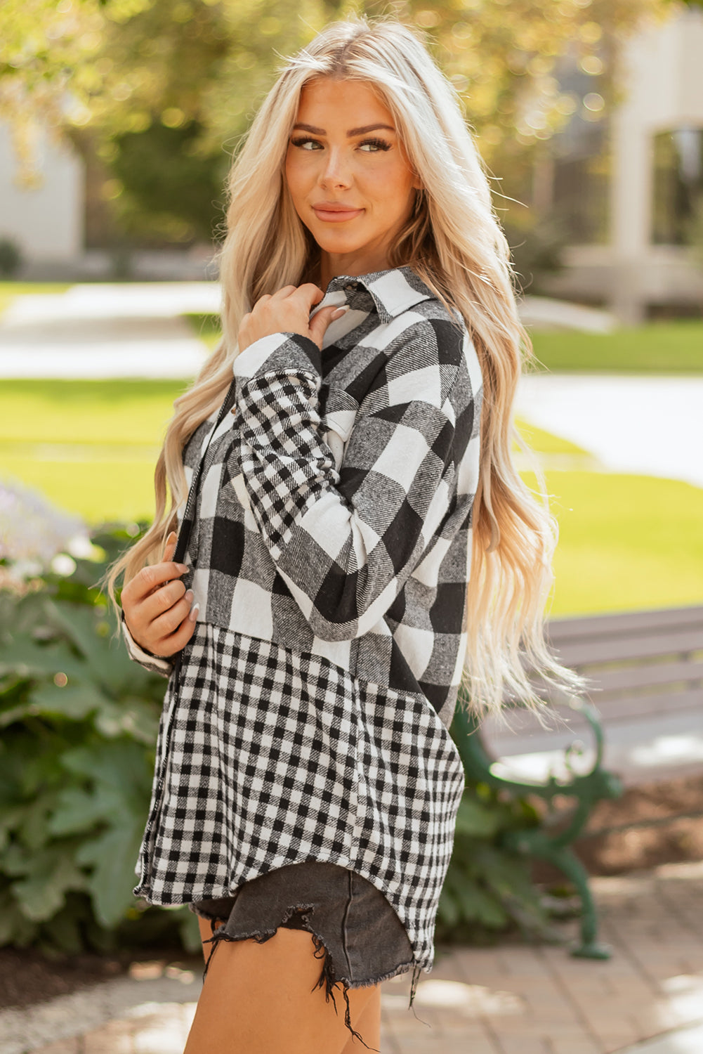 Black Double Plaid Patchwork Drawstring Hooded Shacket
