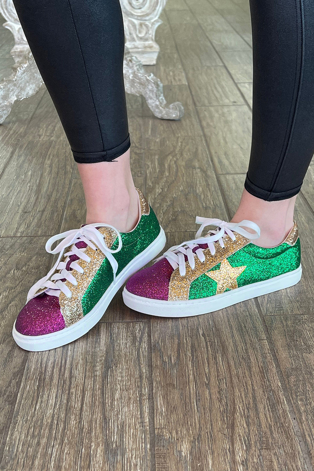 Deep Green Mardi Gras Triple Color Sequin Lace-Up Sneakers