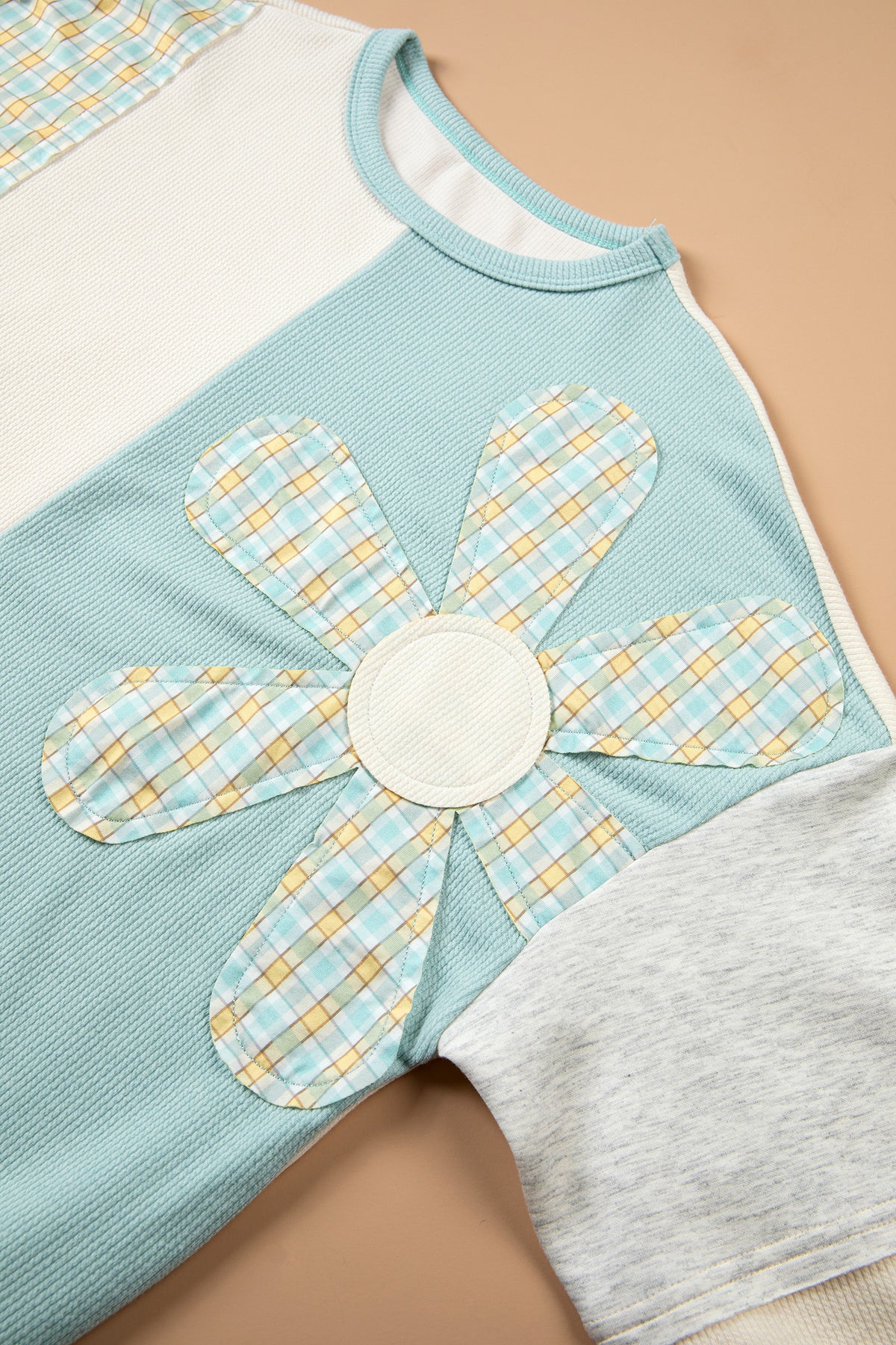 Light Blue Plaid Patchwork Round Neck Top