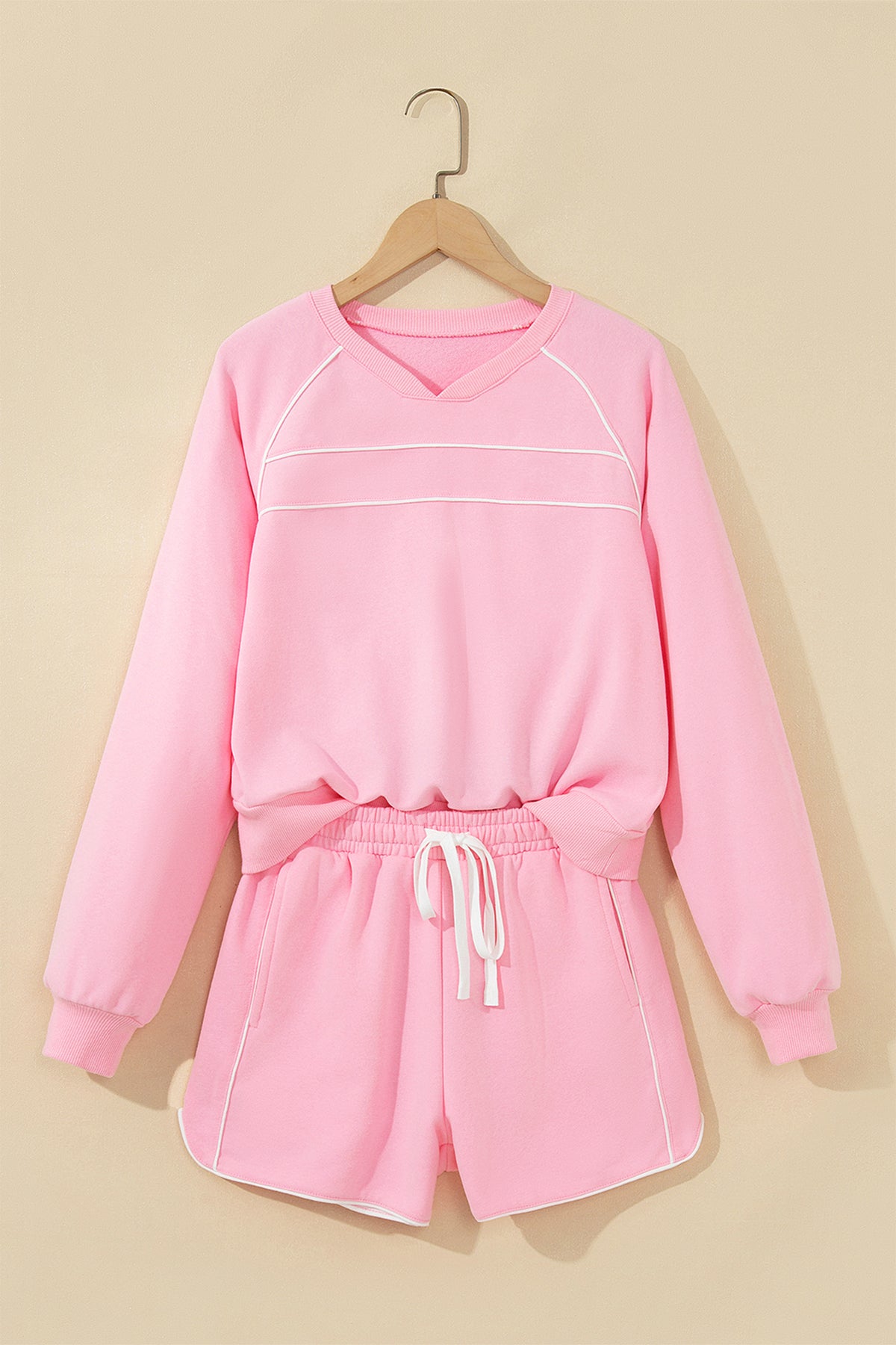 Women's Pink Piping Trim Long Sporty Pullover Shorts Set