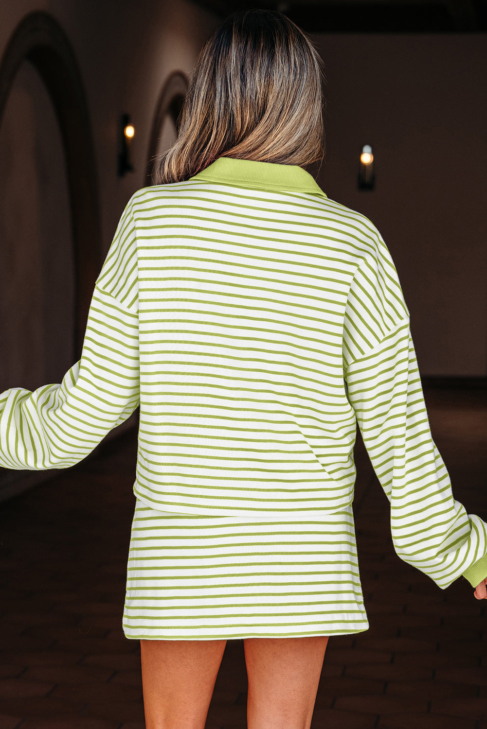 Women's Green Stripe Collared V-Neck Drop Shoulder Pullover and Skort Two-Piece Outfit Set