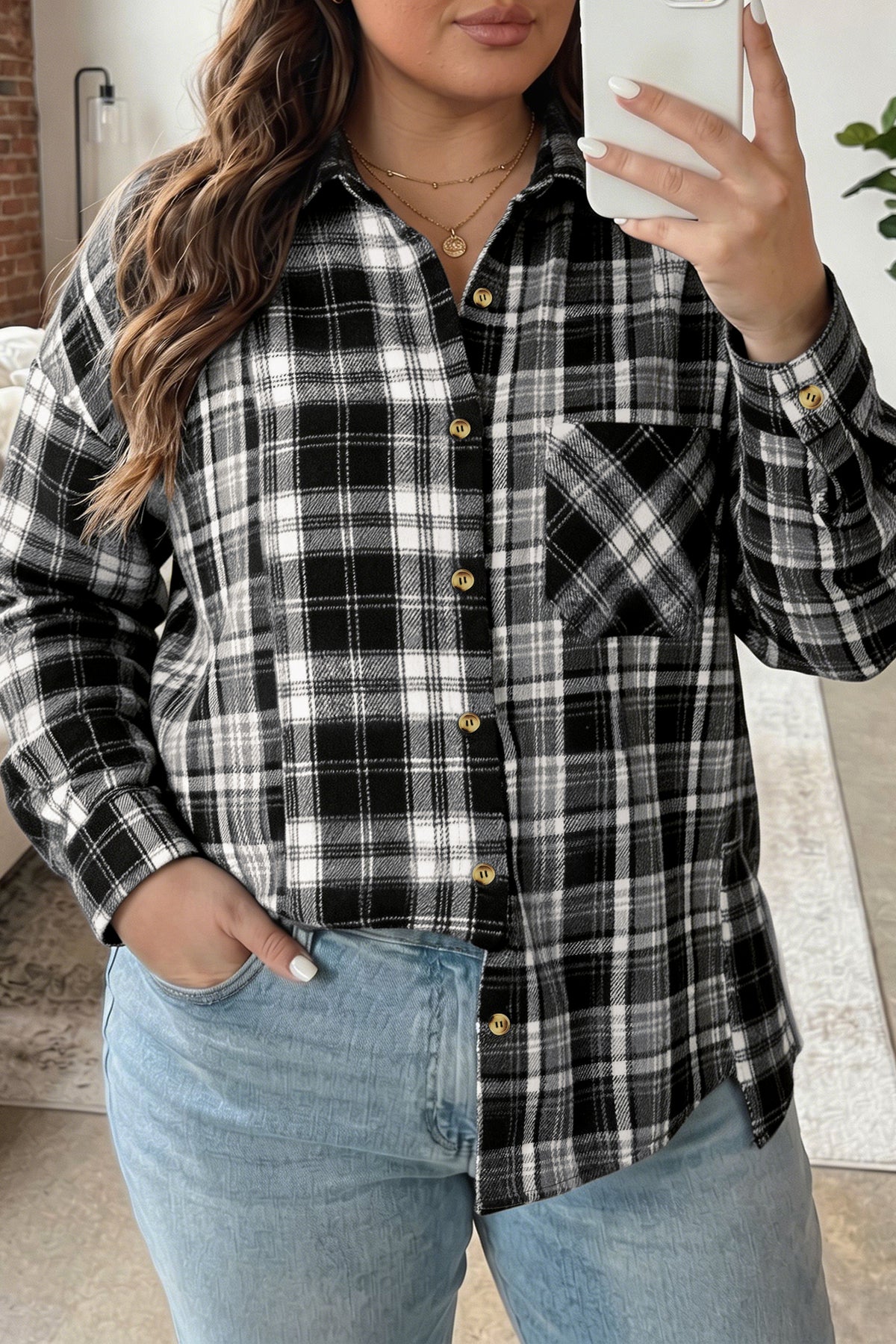 Black Plaid Long-Sleeve V-Neck Shift Plus Size Shirt Jacket