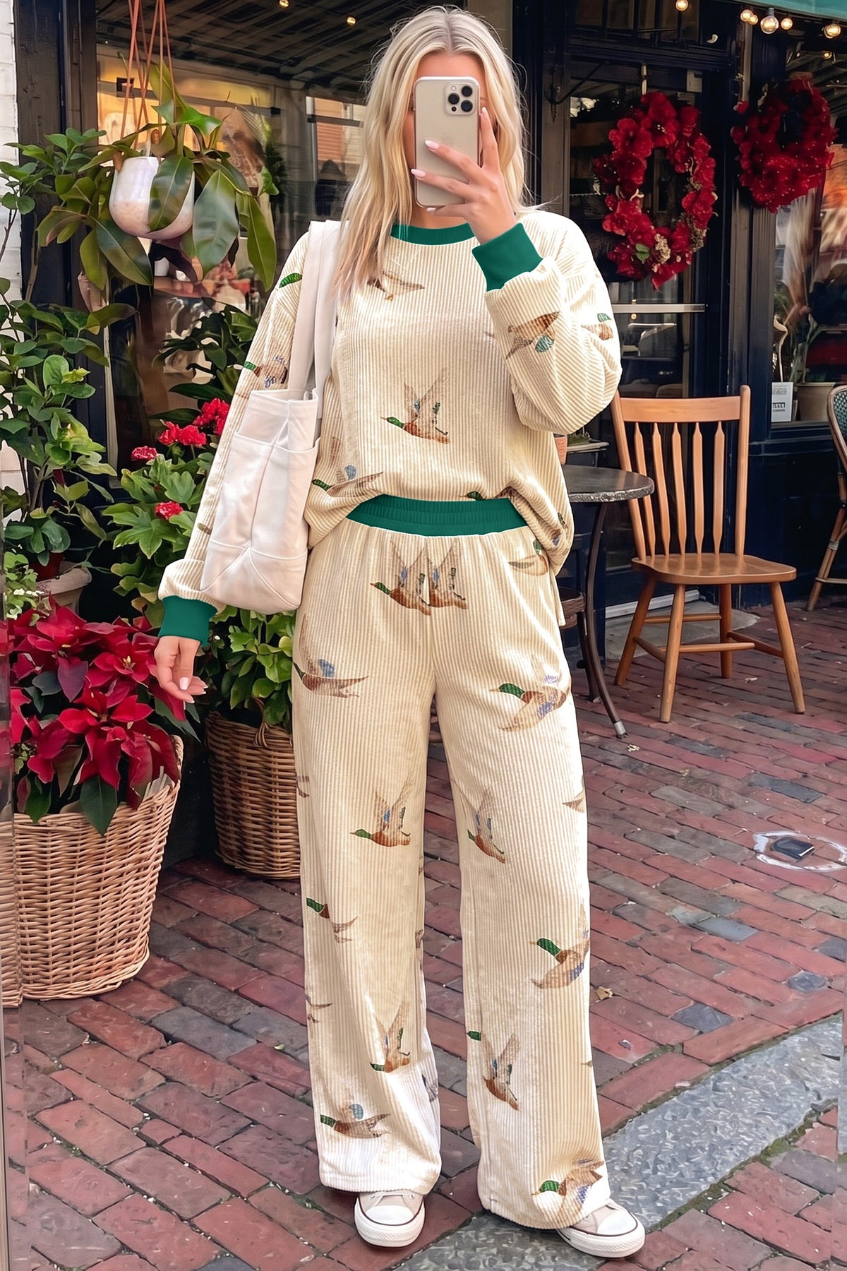 Beige Mallard Duck Print Ribbed Top and Pants Set