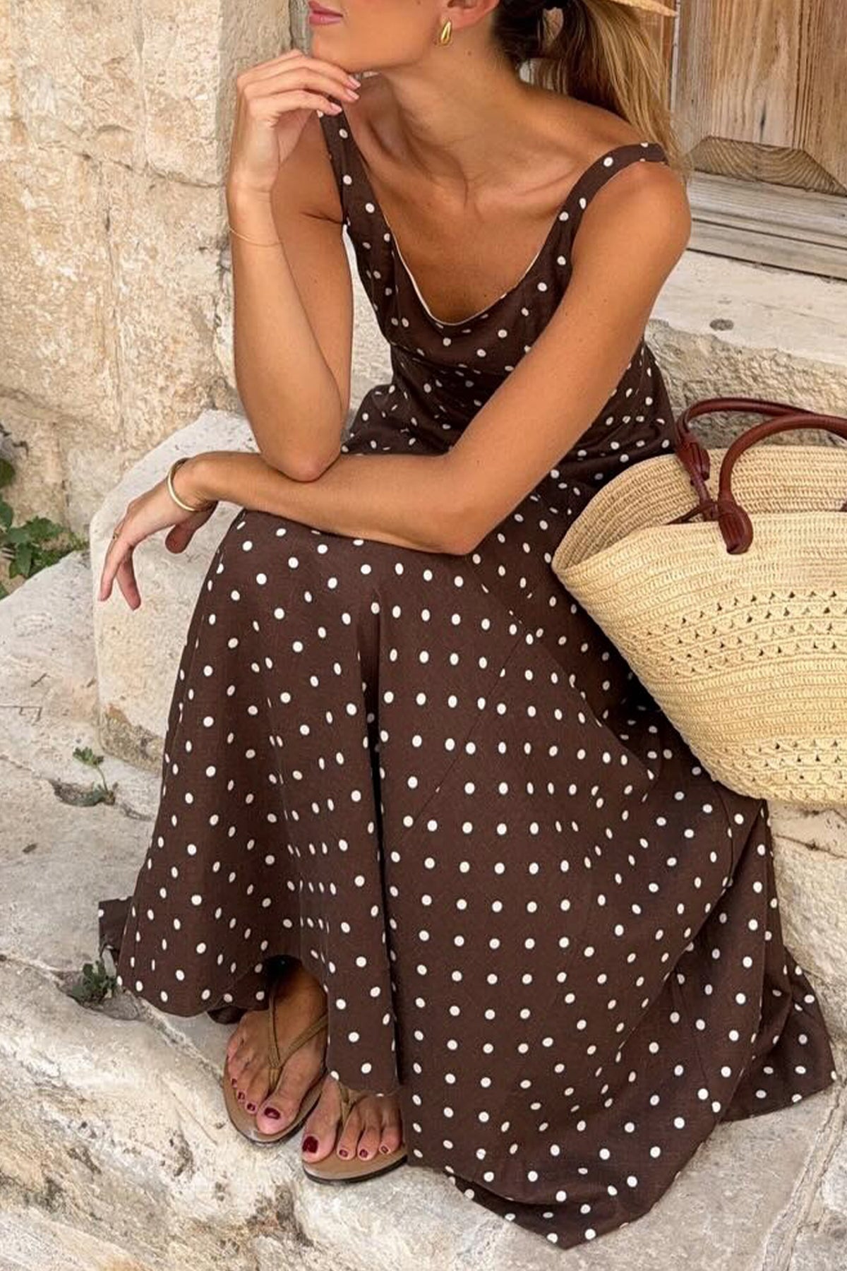 Brown Polka Dot Square-Neck Maxi Dress