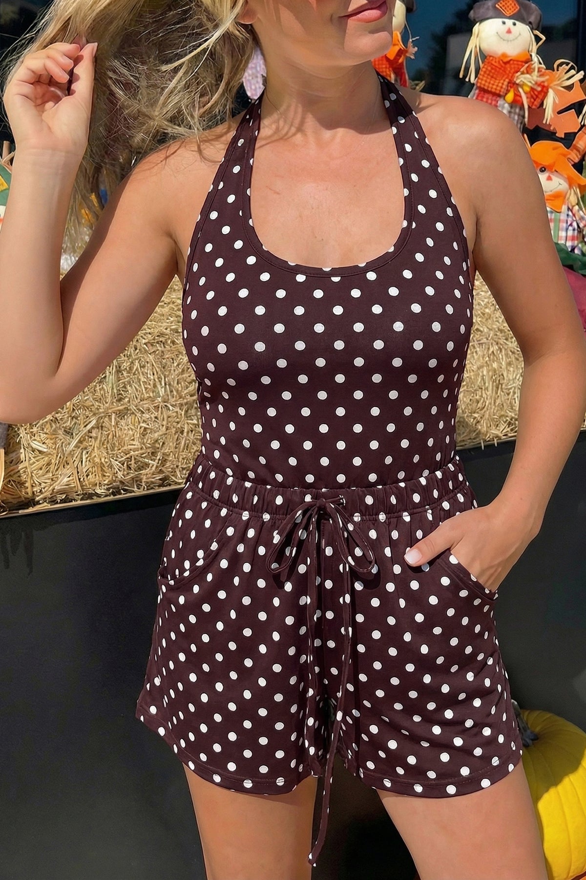 Women's Pink Polka Dot Halter Tank Shorts Two-Piece Set
