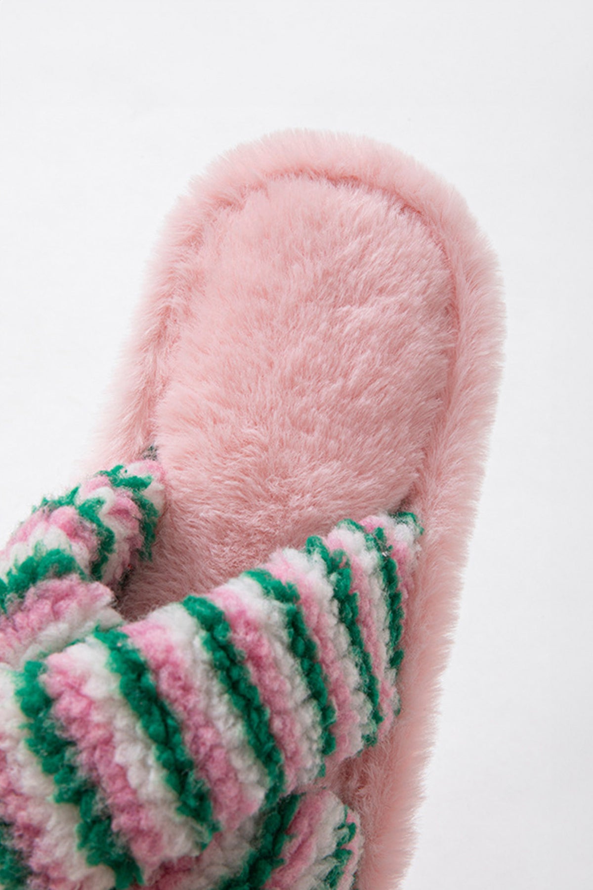 Pink Striped Cross Band Soft Plush Open-Toe Slippers