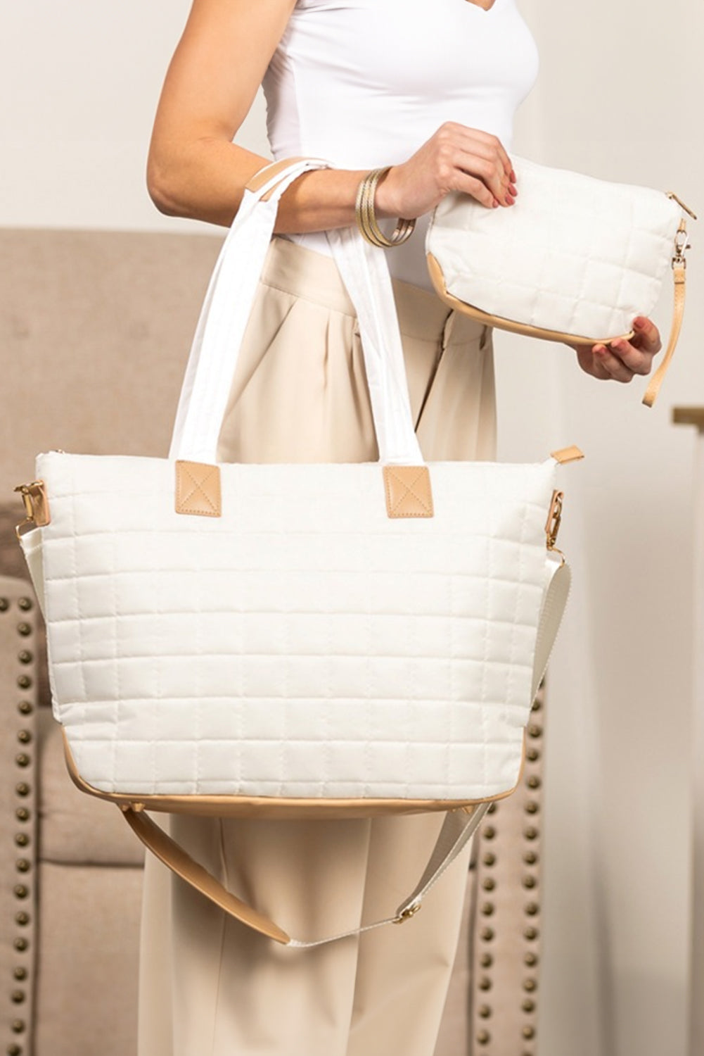 Black Quilted Patchwork Large Tote Bag and Clutch Set