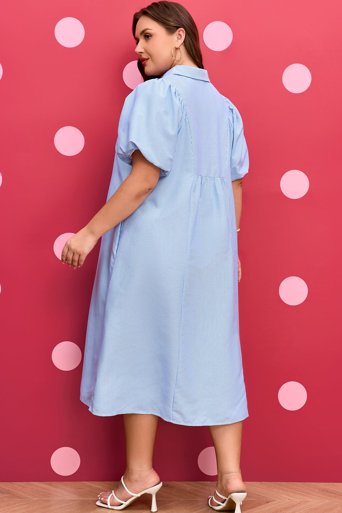 Sky Blue Stripe Shirred Detail Collar V-Neck Plus Size Midi Dress