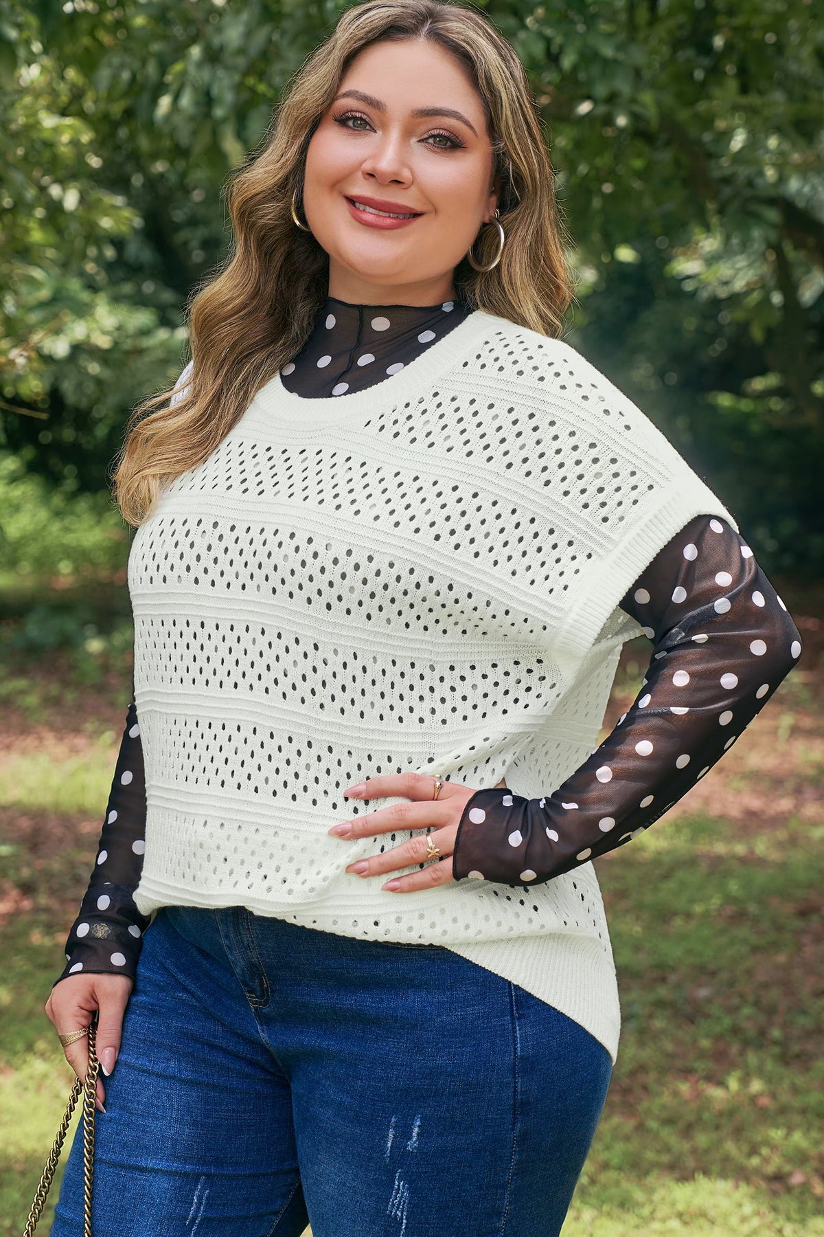 White Plus Size Eyelet Hollow Out Knit Ribbed Trim Short-Sleeve Dolman Sweater