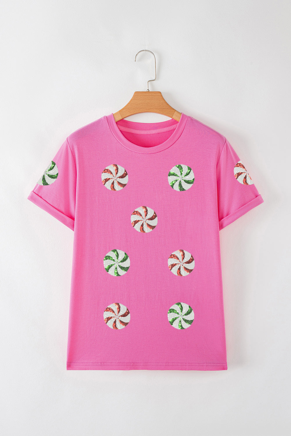 Sachet Pink Sequined Peppermint Pattern Christmas Custom T-Shirt
