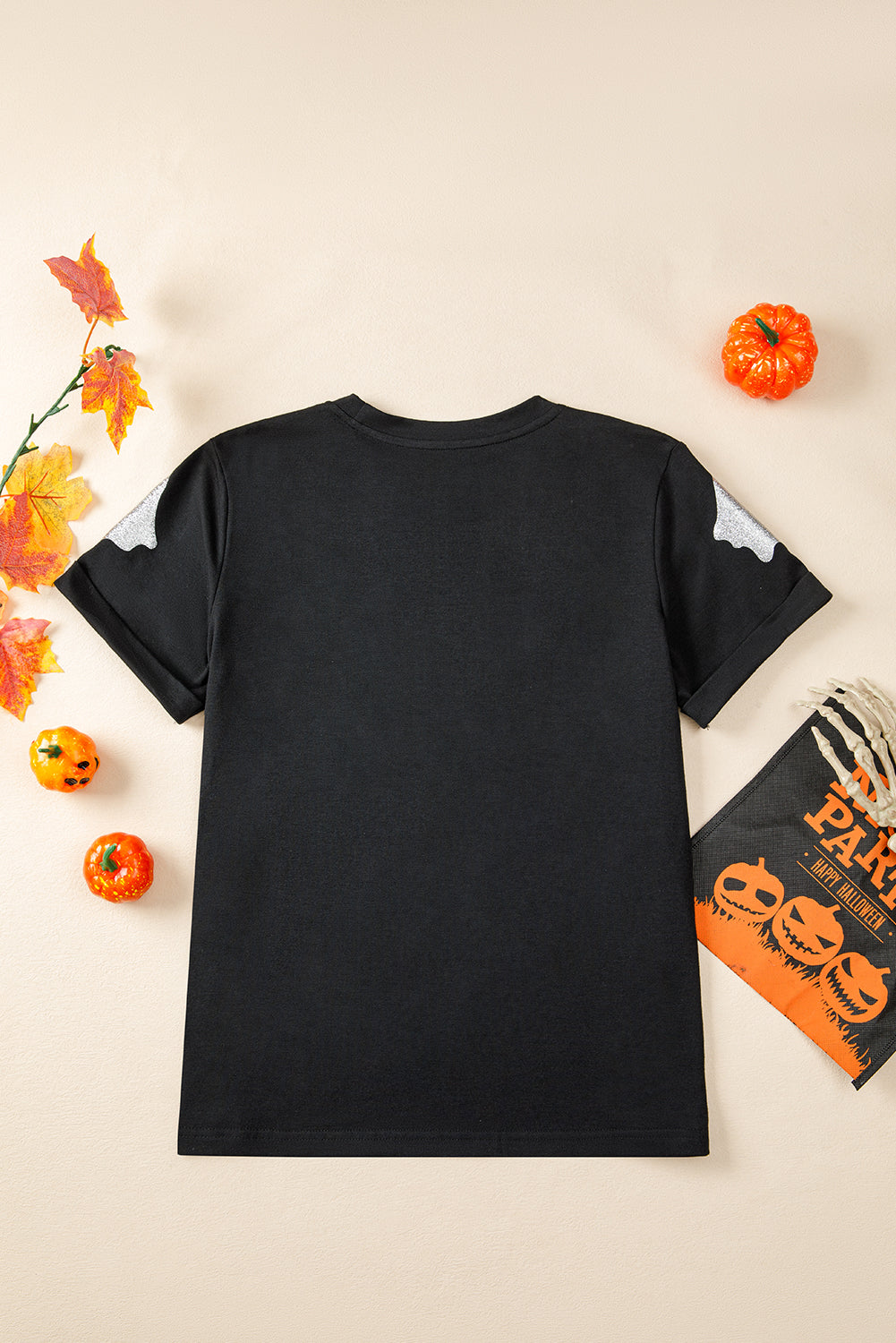 Black Glitter Ghost Pattern Crew Neck Halloween T-Shirt