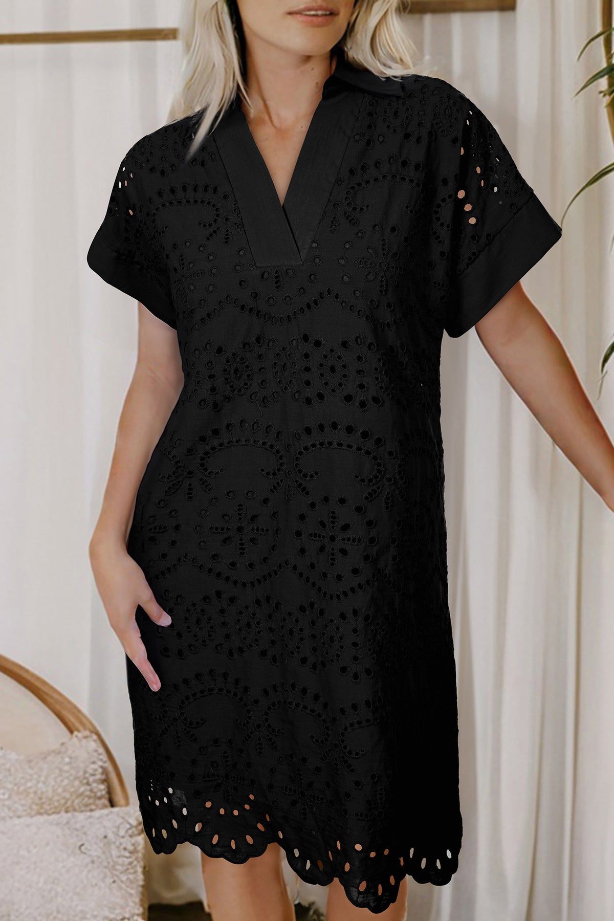 Black Solid Color Eyelet Embroidered T-Shirt Mini Dress
