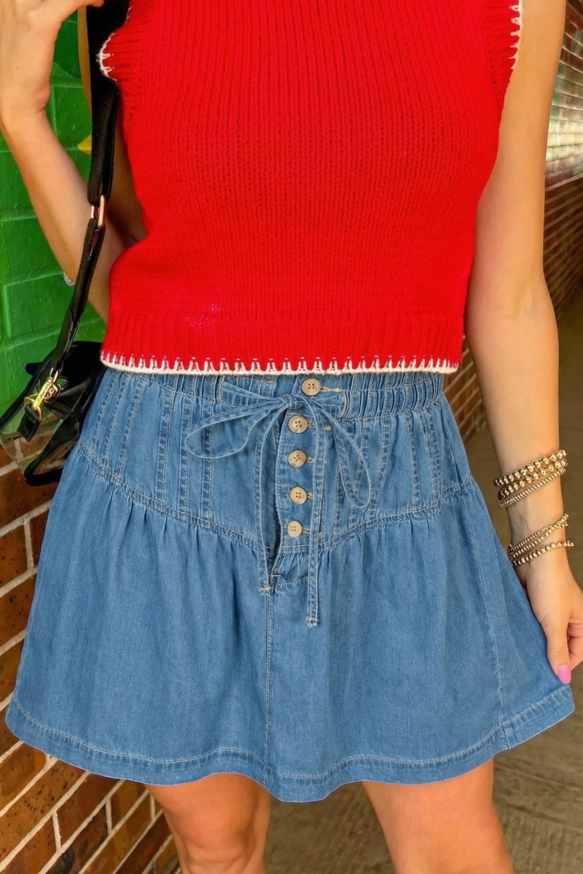 Sky Blue Half Buttons Pleated High Waist Denim Mini with Skirt