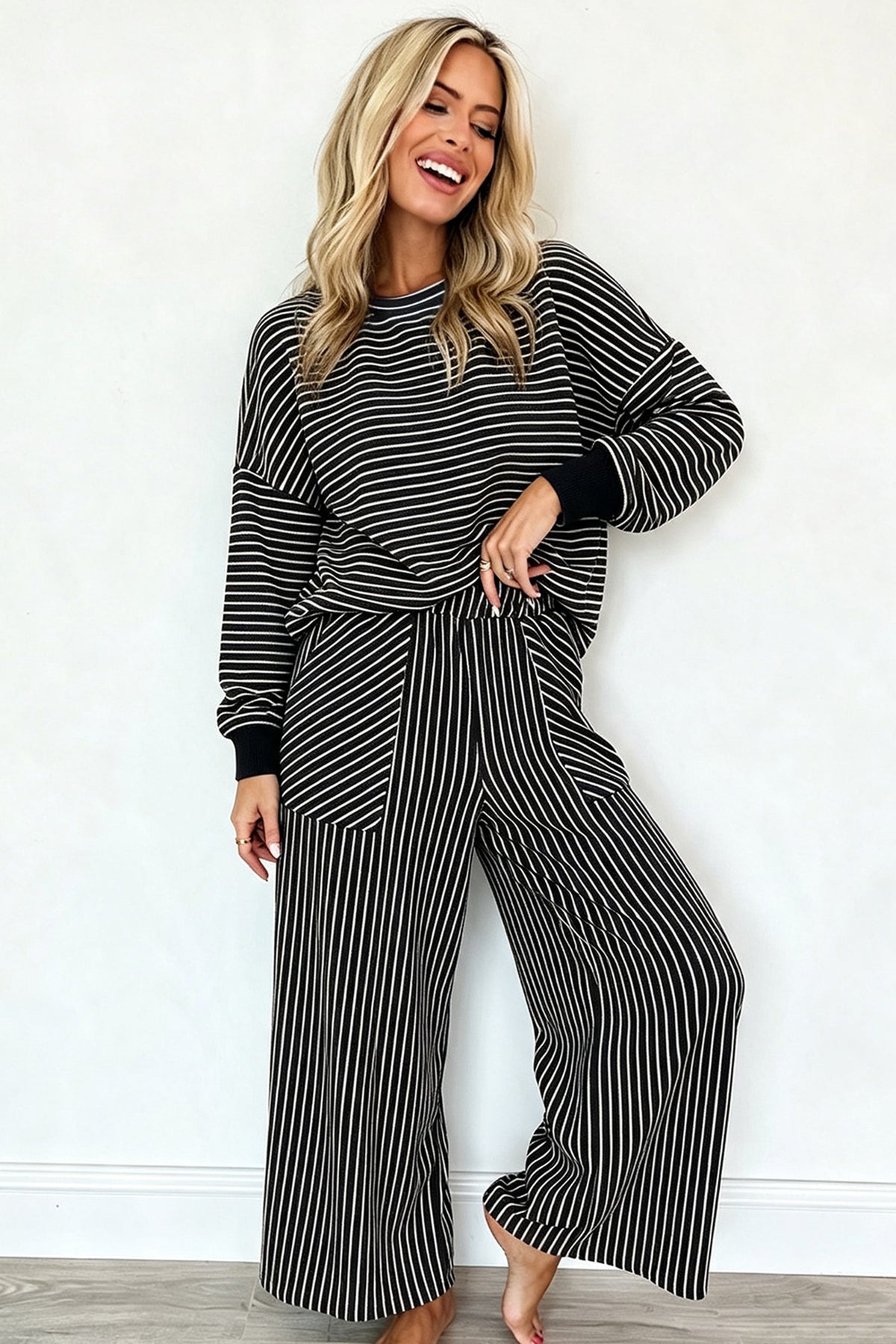 Black Stripe Twist Front Pullover and Pants Set