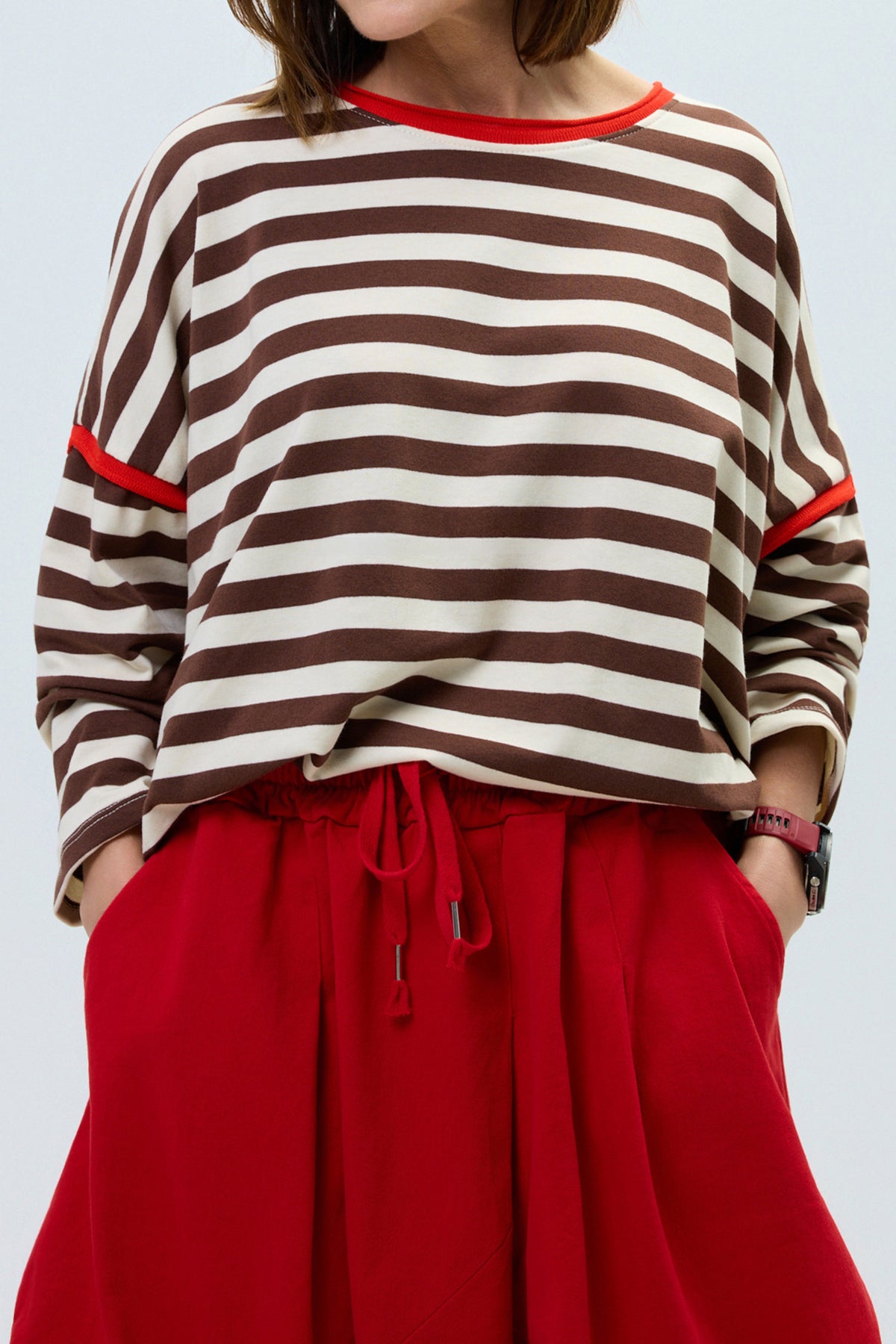 Brown Stripe Contrast Trim Round Neck Top