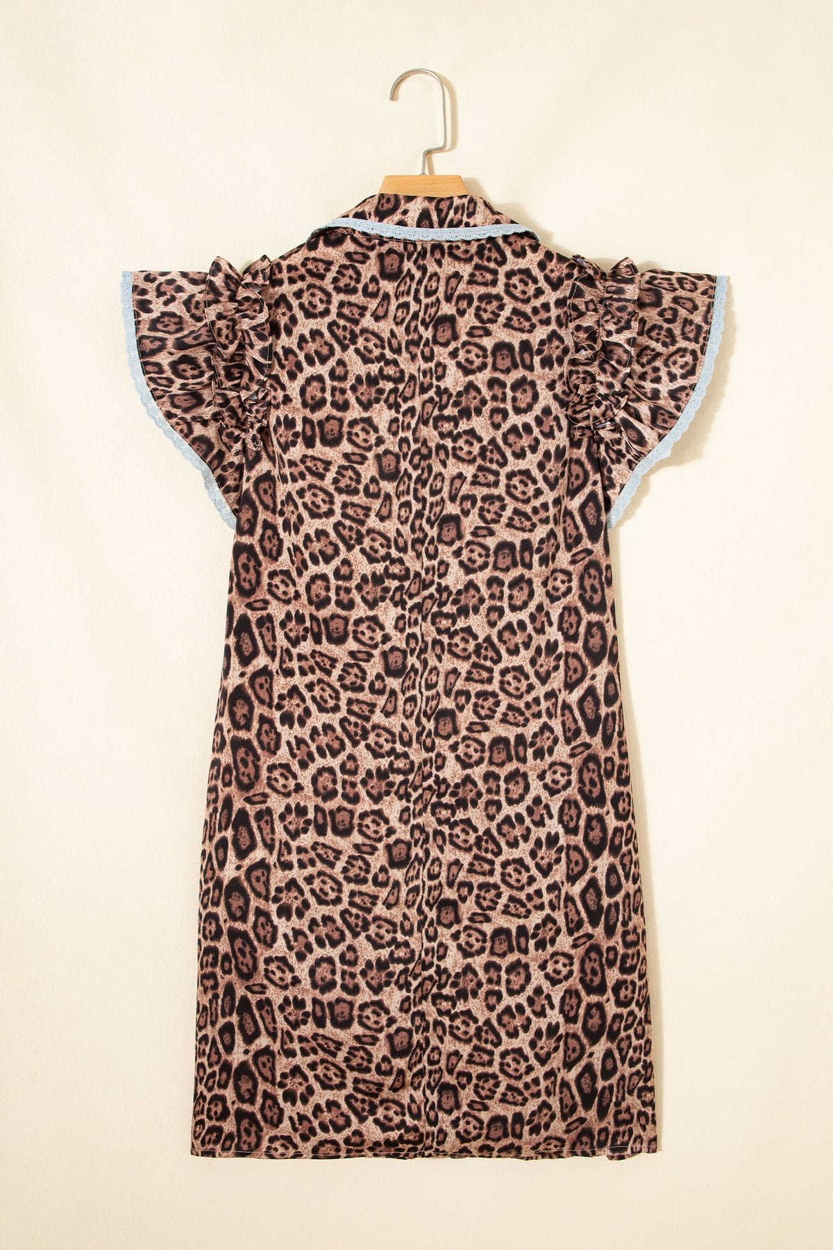 Khaki Leopard Print Lace Trim Shirt Collar Button Down Mini Dress
