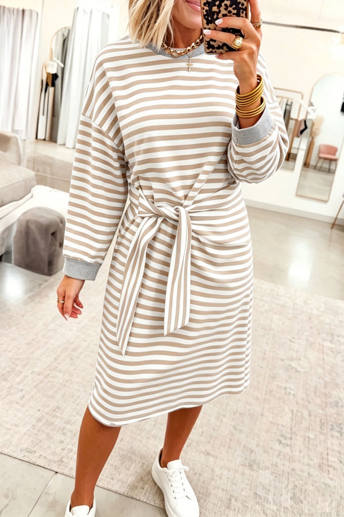 Brown Stripe Colorblock Cuffs Long Sleeve Shift Dress