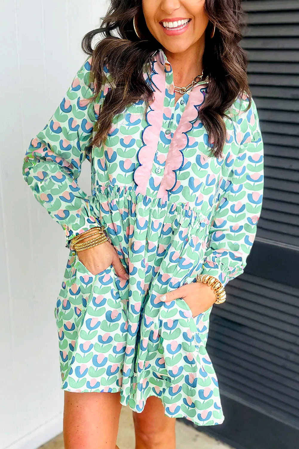 Green Floral Print Notched Neck Scalloped Long Sleeve Mini Dress