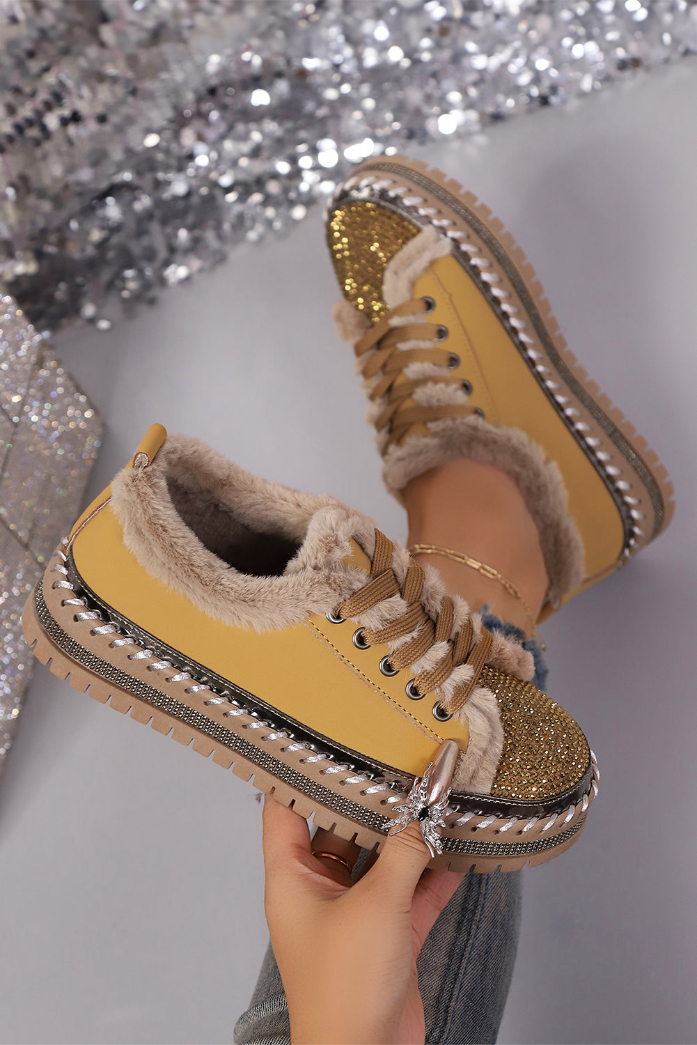 Thai Curry Rhinestone Faux-Fur Lined Lace-Up Shoes