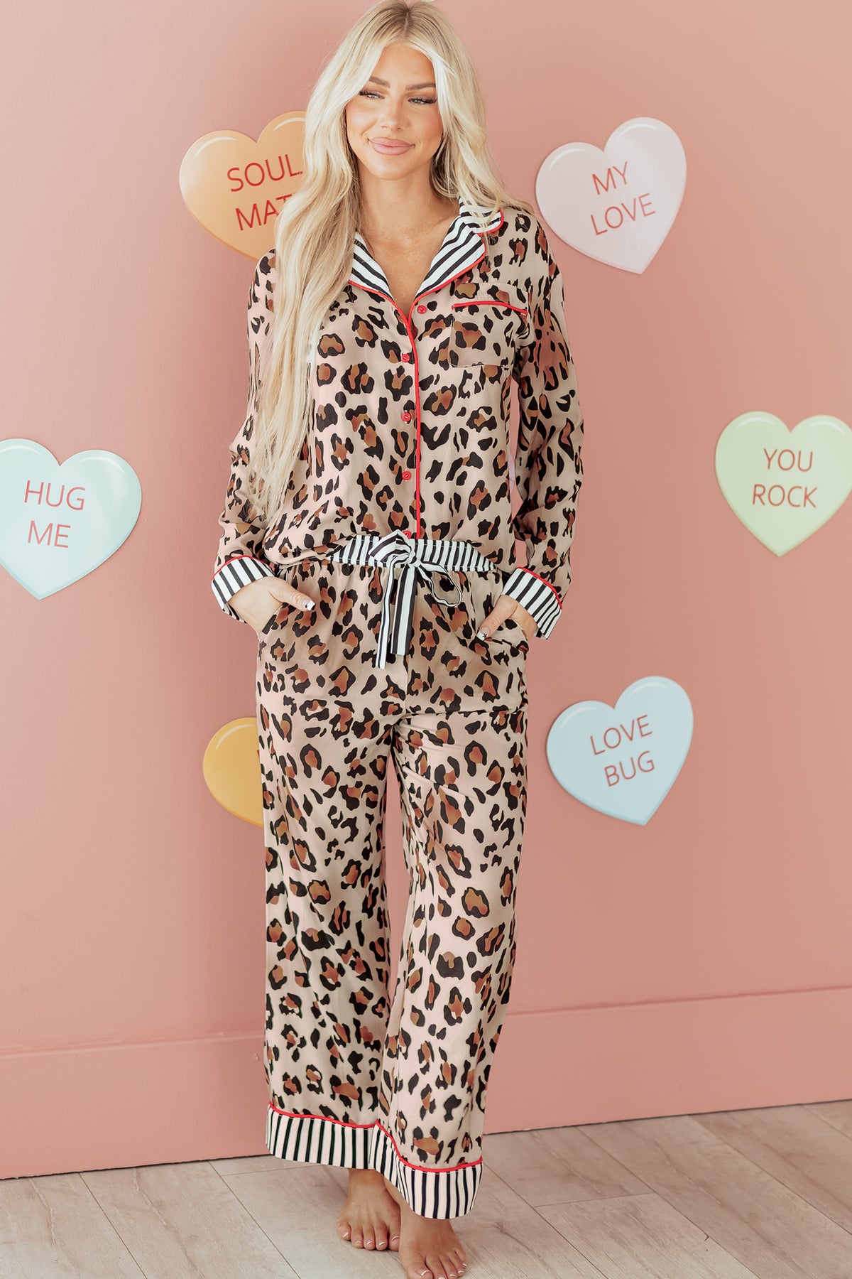 Khaki Leopard Print Colorblock Shirt and Pants Pajama Set