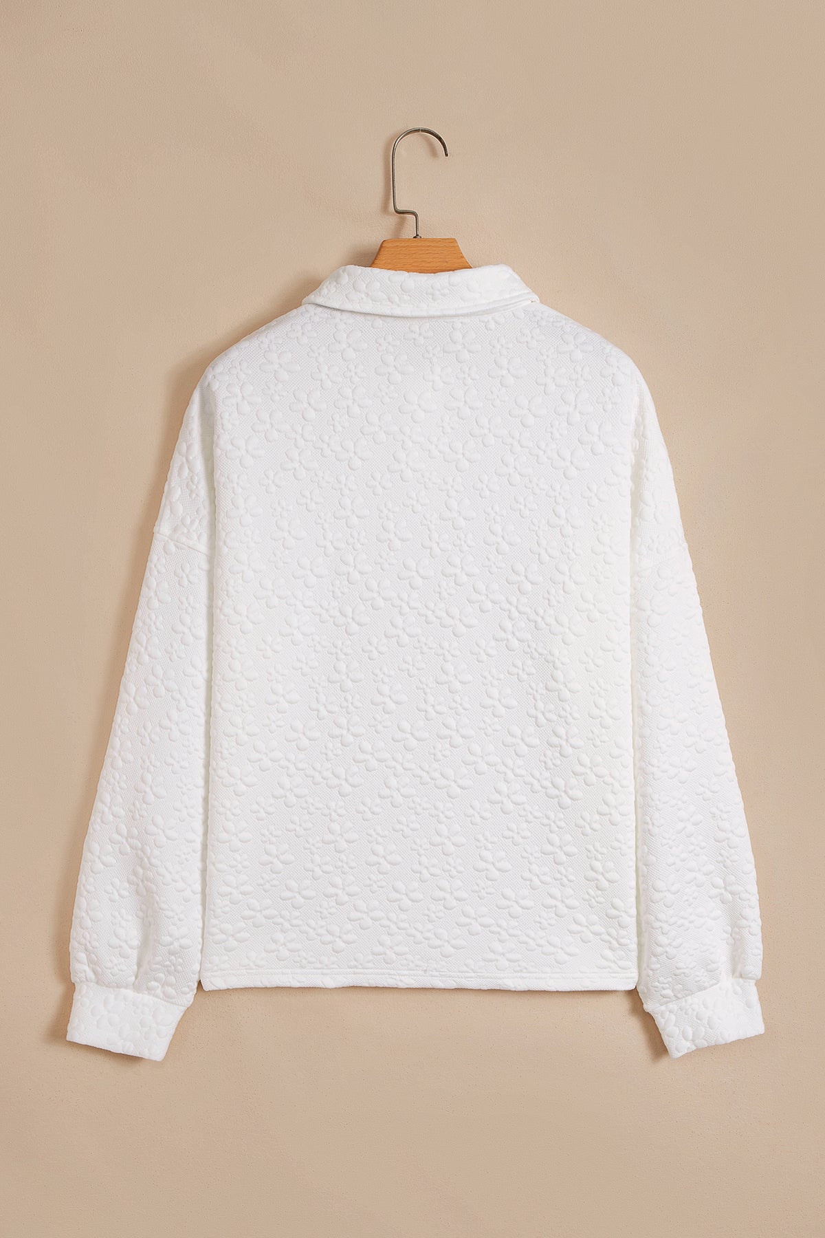 White Textured Button Collar Sweatshirt