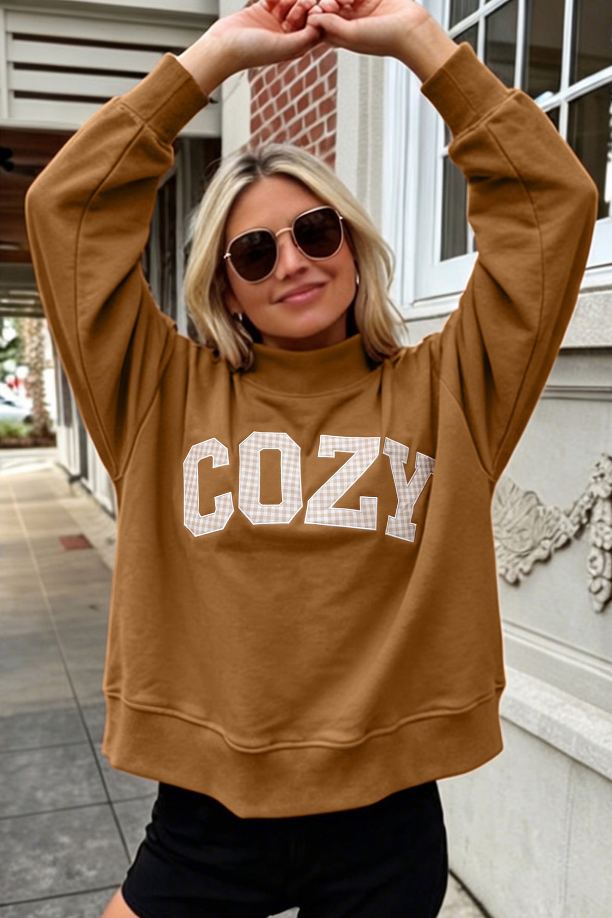 Chestnu COZY Embroidered Stand Neck Shift Sweatshirt