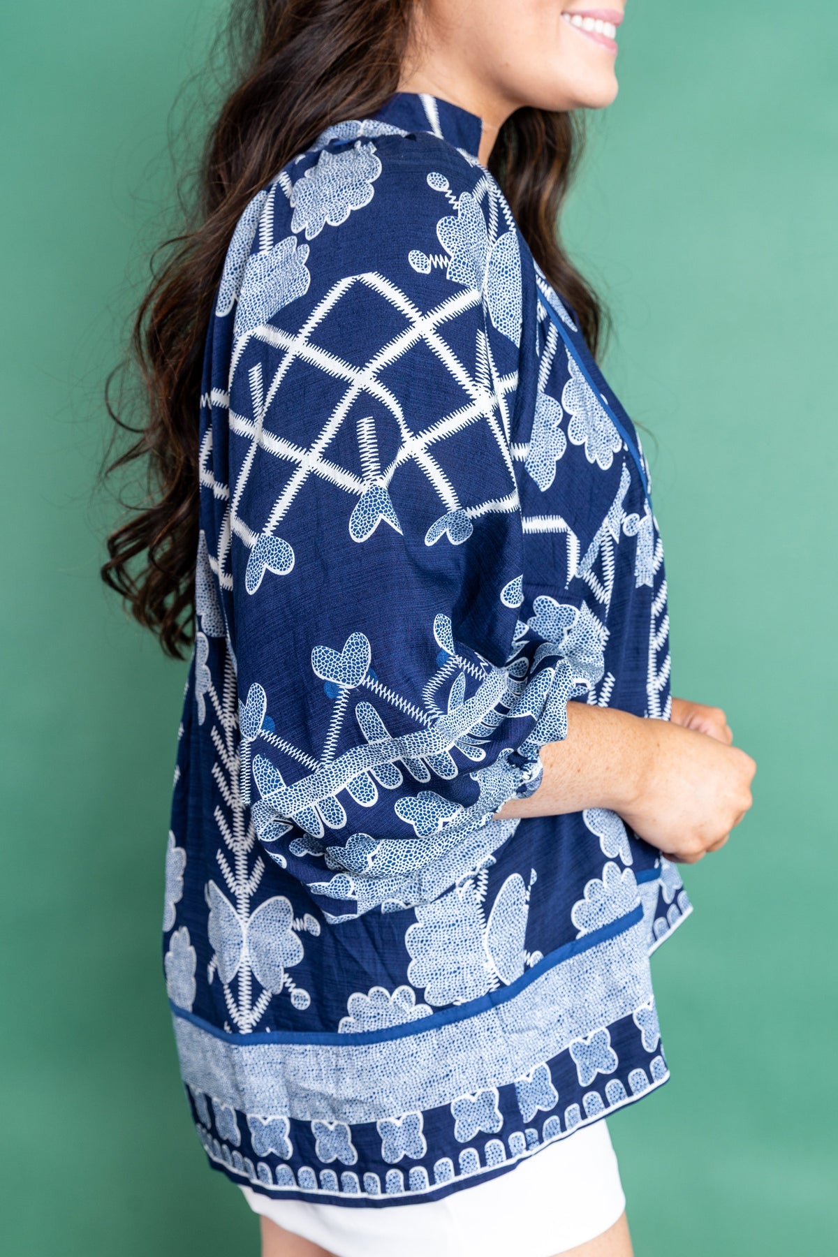 Blue Plus Size Floral Printed Notched Neck Long-Sleeve Blouse