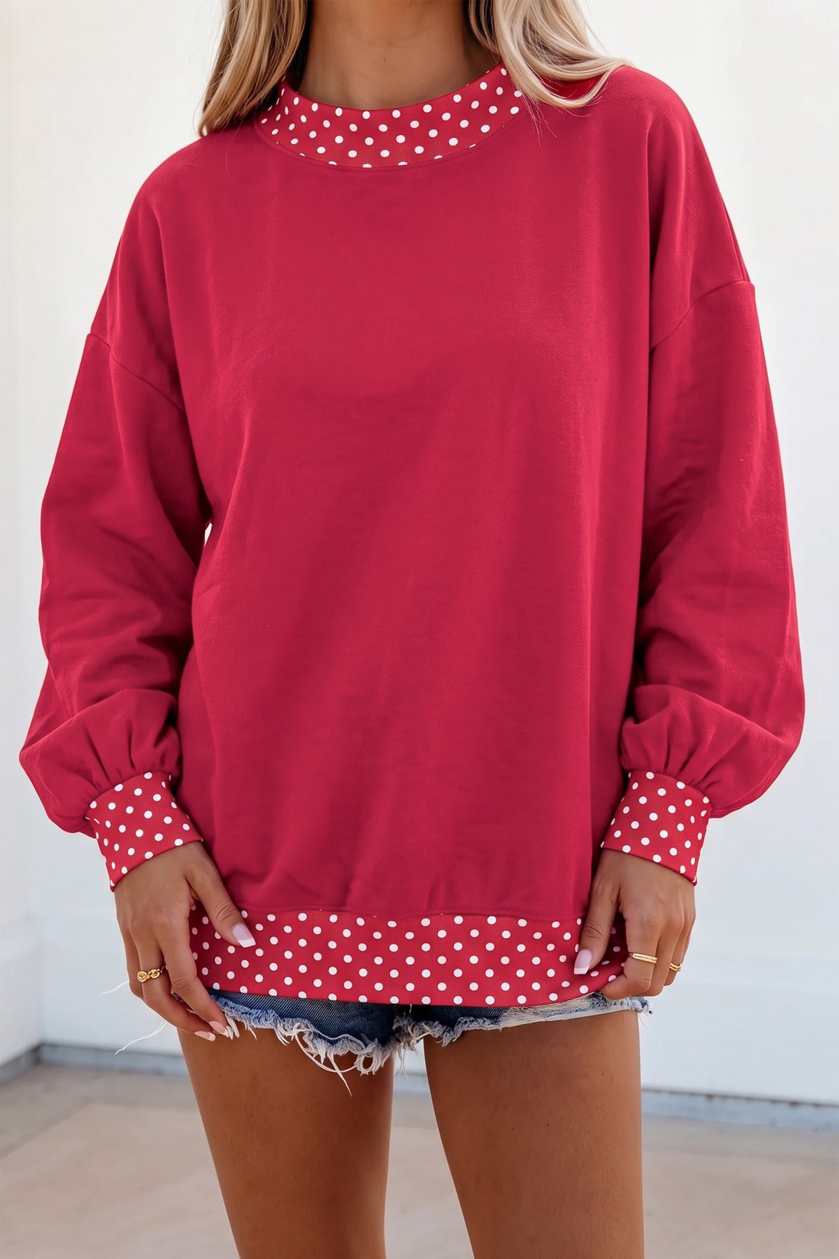 Red Dahlia Polka Dot Contrast Trim Oversized Sweatshirt