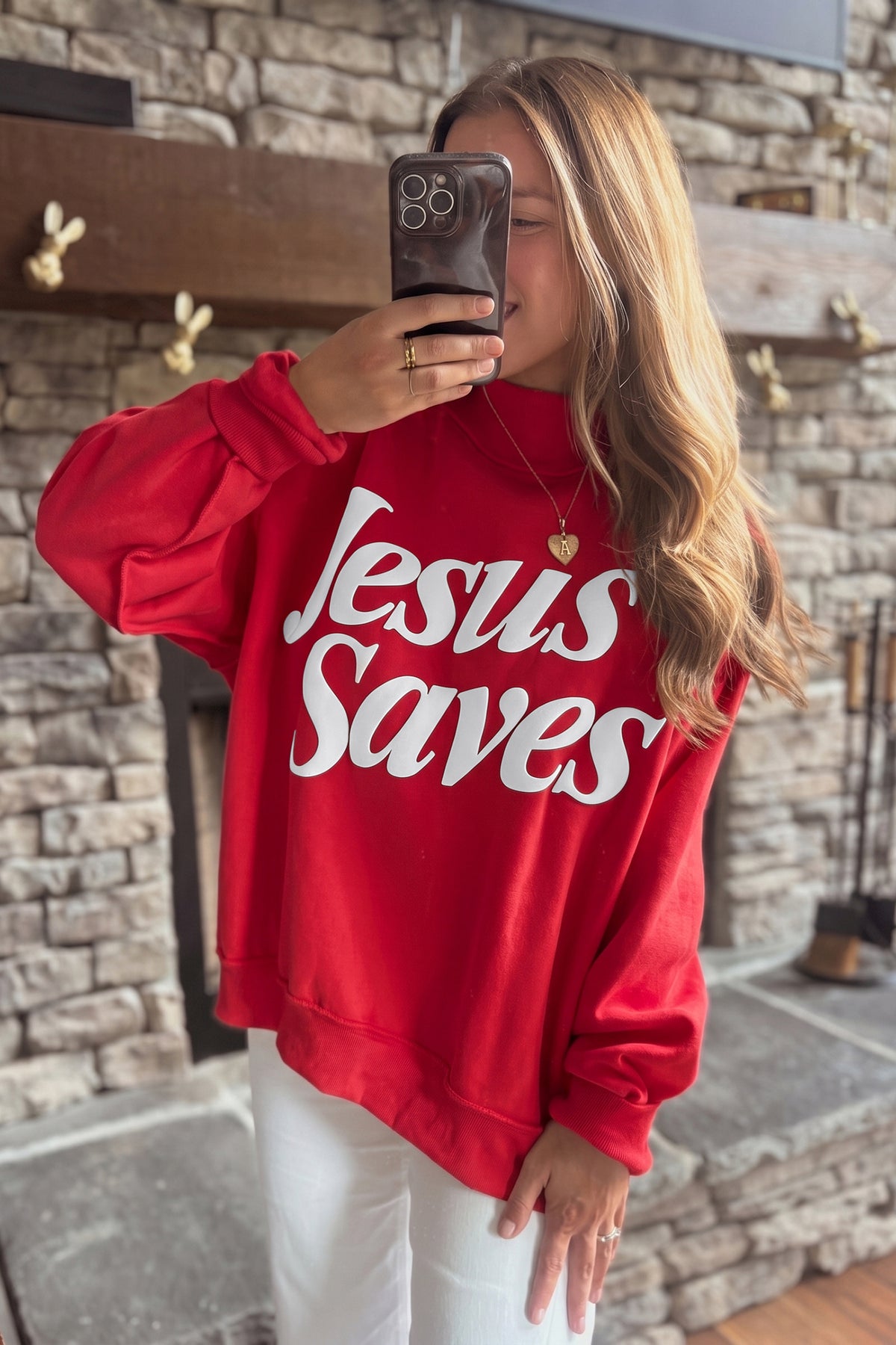 Fiery Red Jesus Saves Slogan Print Stand Neck Sweatshirt