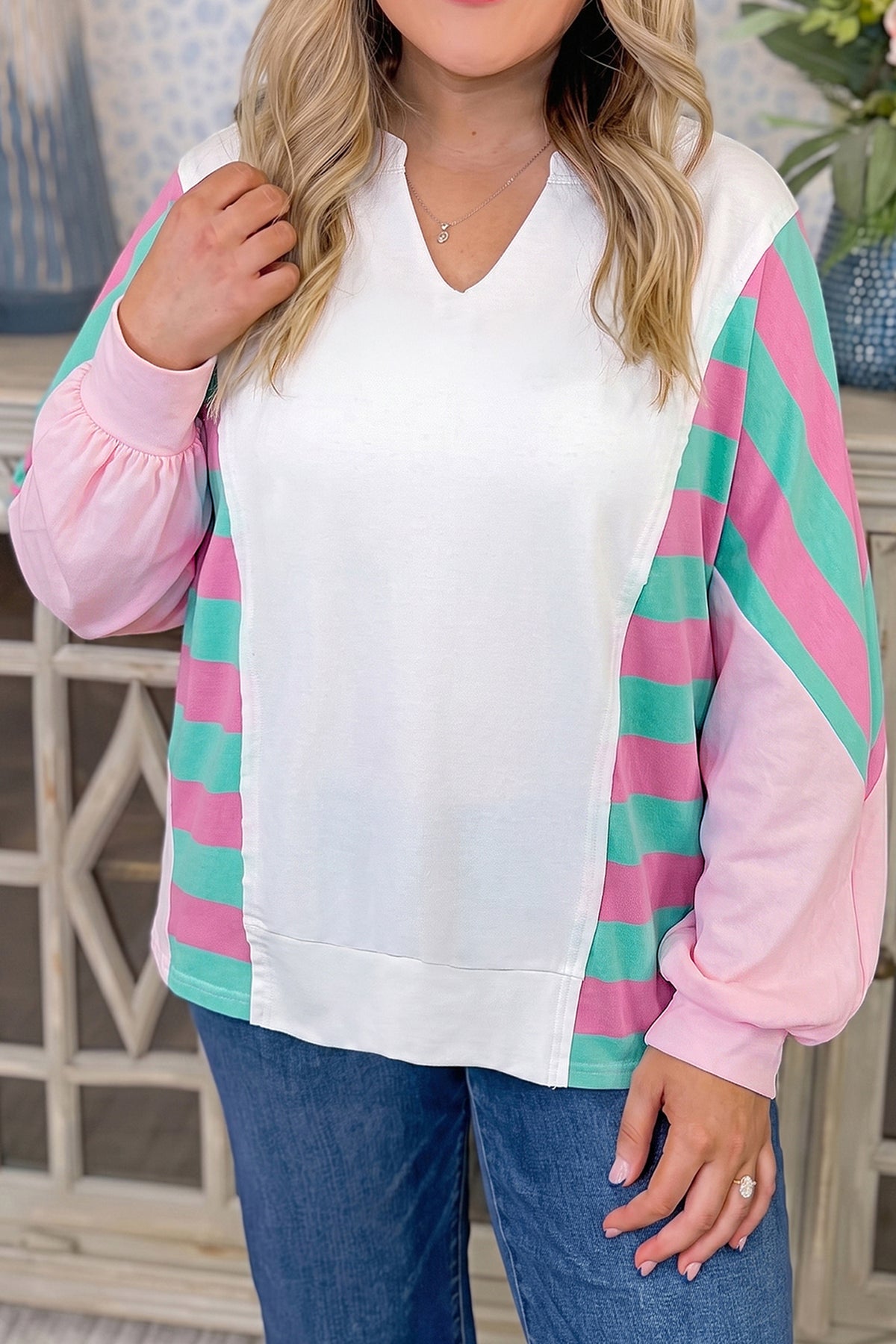 White Striped Color-Block V-Neck Shift Long-Sleeve Plus Size Blouse