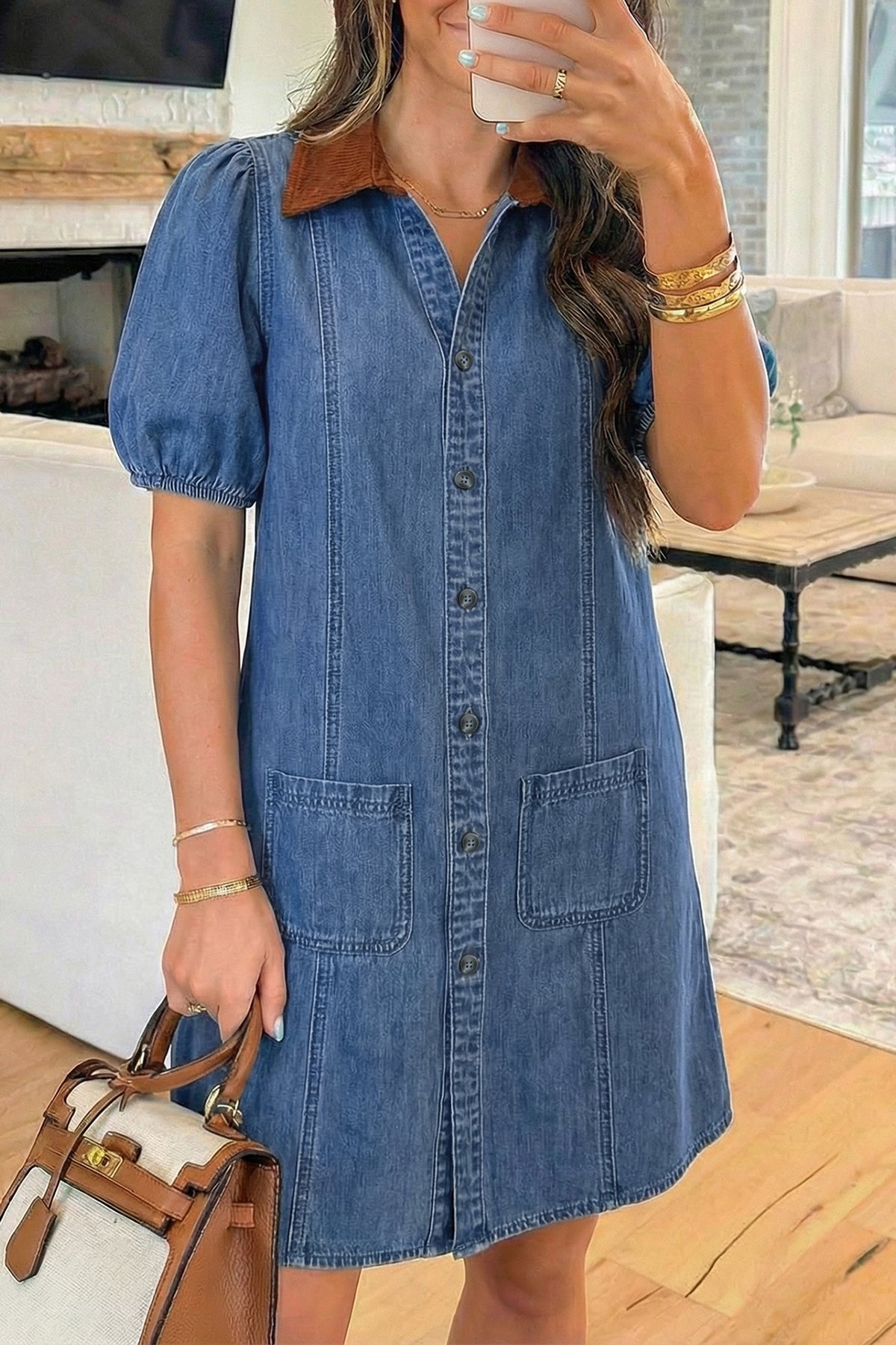 Blue Denim Short Puff Sleeve Color Block Patchwork Mini Dress