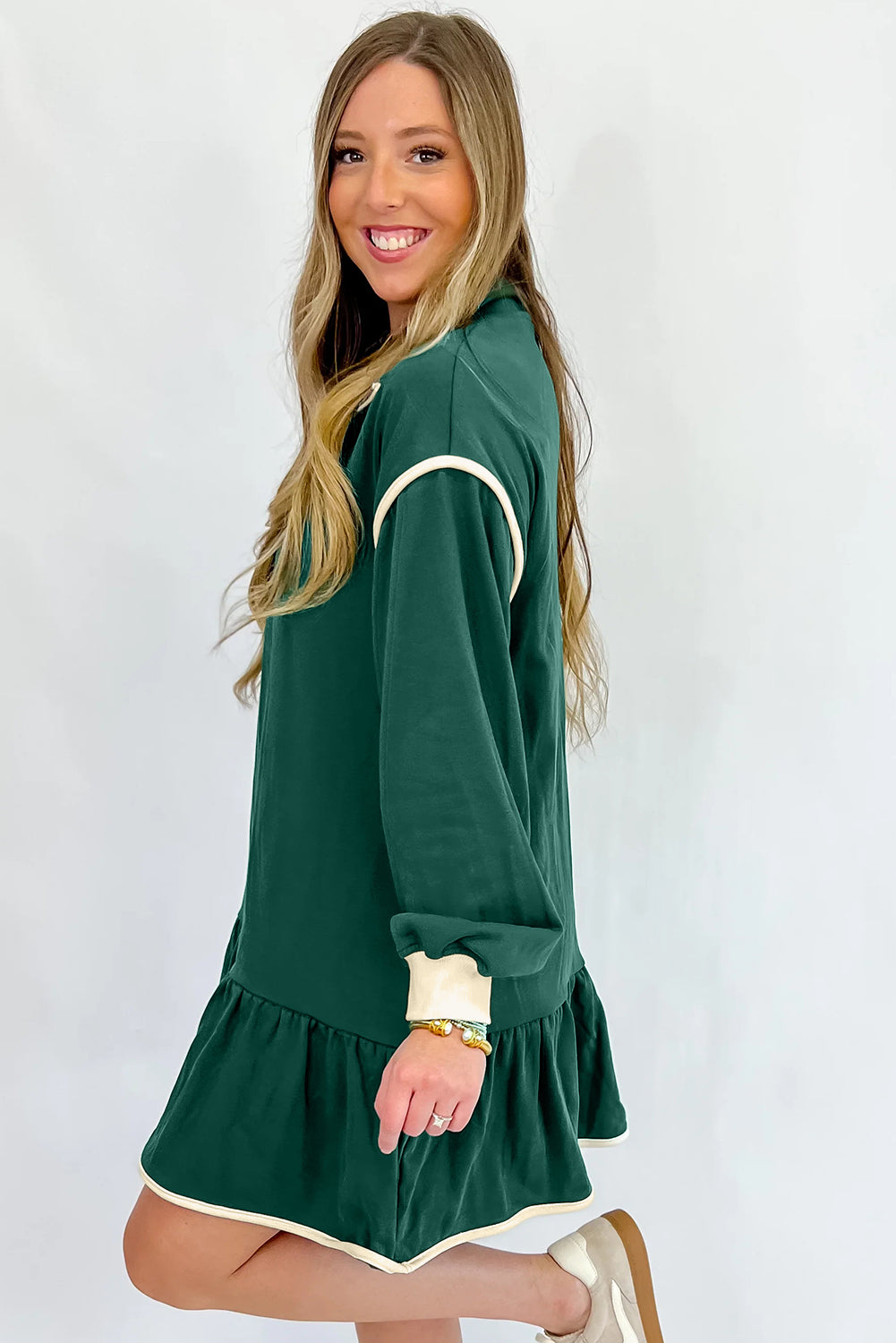 Evergreen Zip Collar Long Sleeve Ruffle Hem Mini Dress