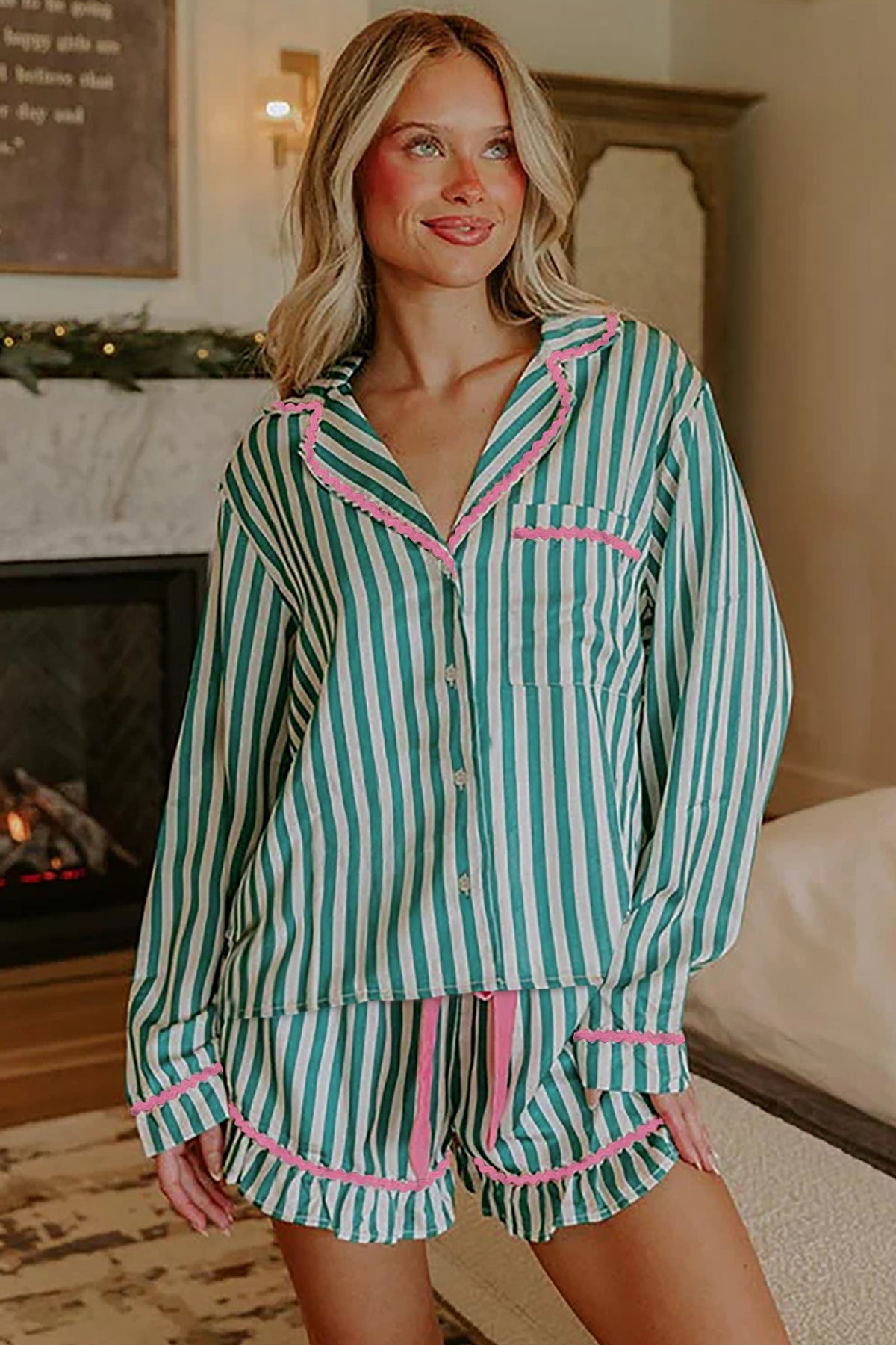 Green Stripe Ricrac Trim Long Sleeve Shirt and Ruffled Shorts Pajama Set