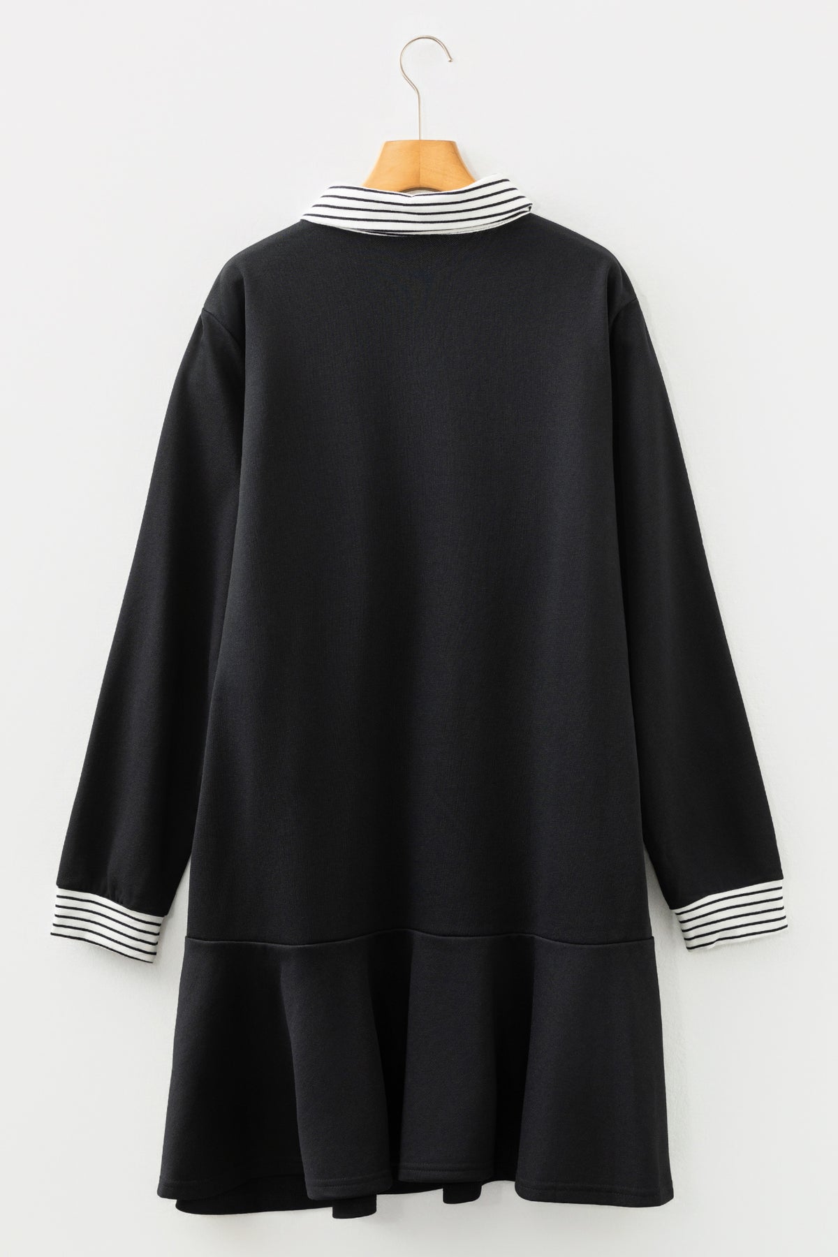 Black Plus Size Striped Cuffs Polo Collar Patchwork Long-Sleeve Ruffle Hem Dress