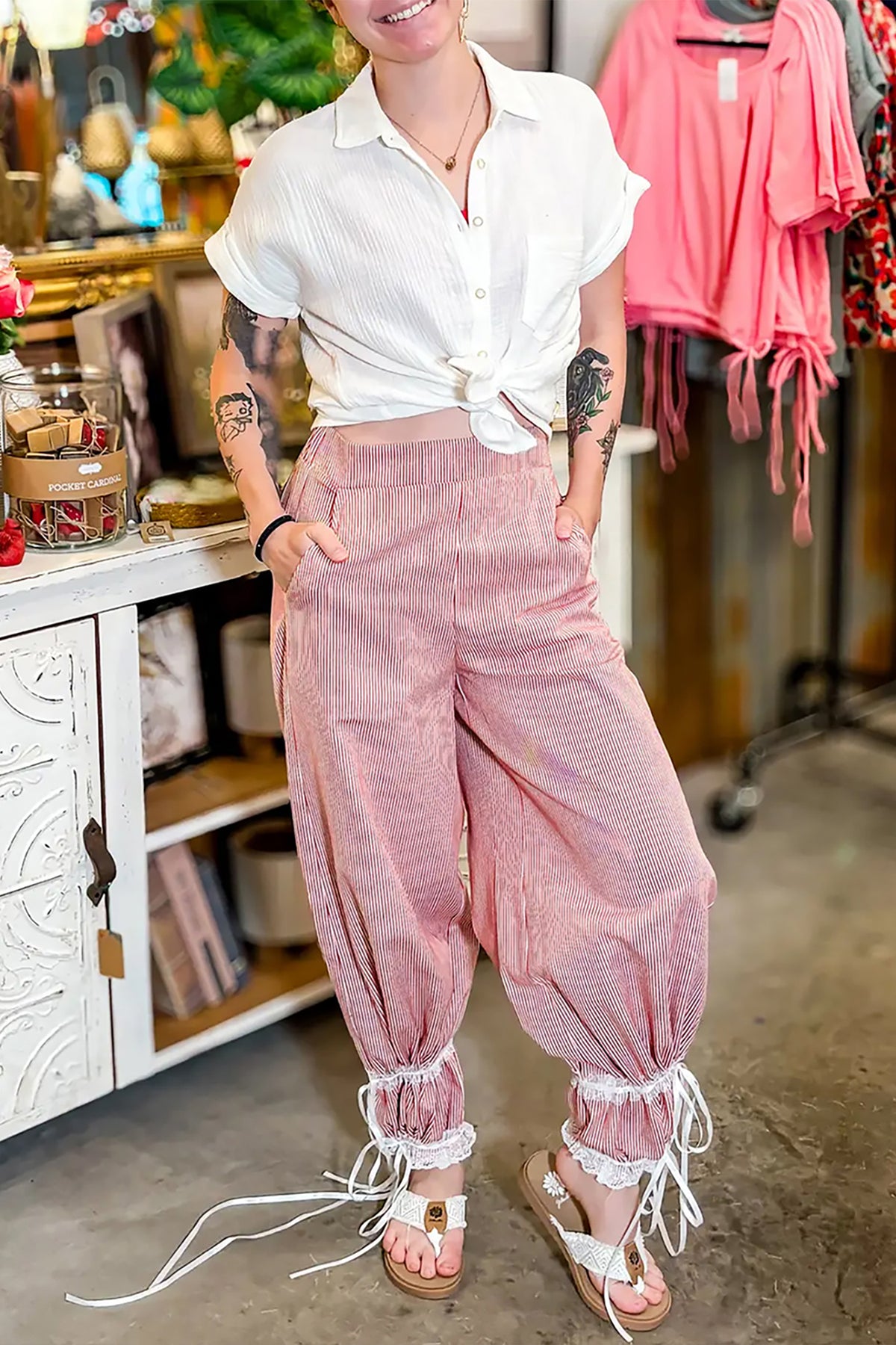 Red Stripe Contrast Lace Ribbon Tie Wide Leg Pants