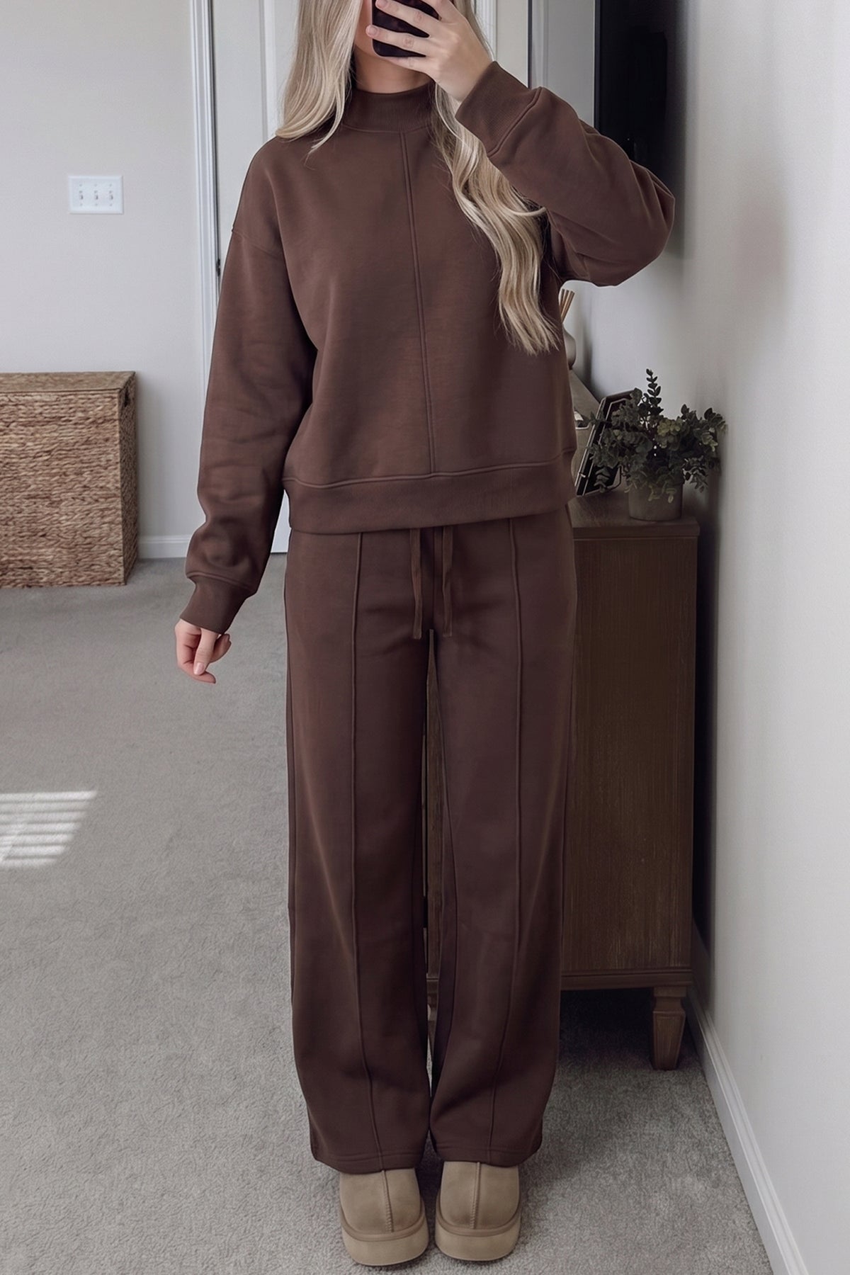 Women's Coffee Piping Trim Mock Neck Pullover Drawstring Pants Set