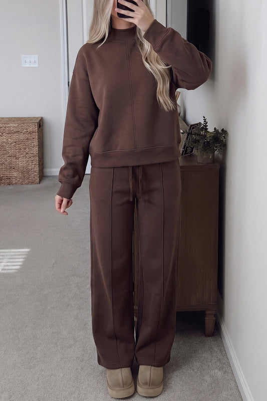 Women's Coffee Piping Trim Mock Neck Pullover Drawstring Pants Set