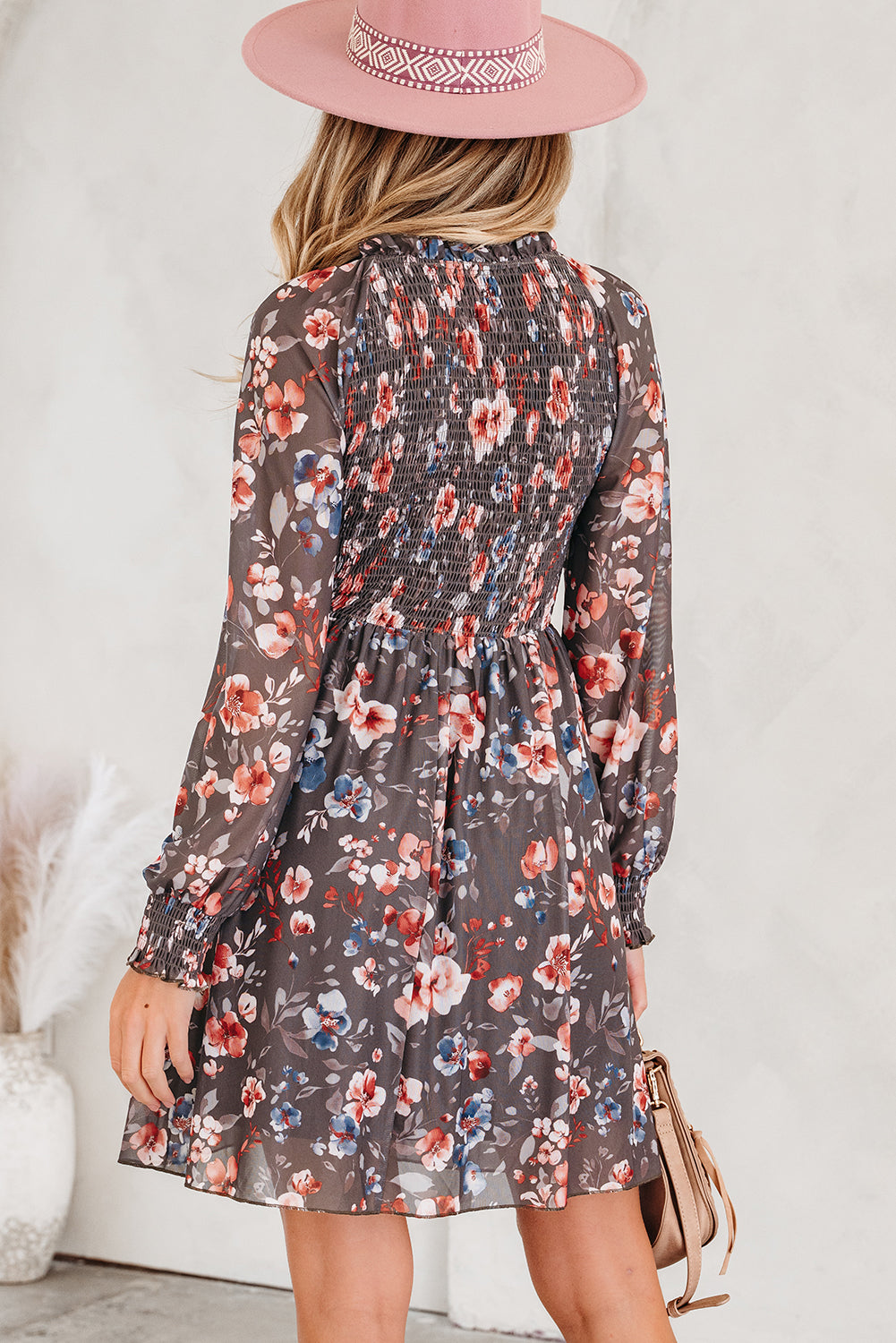 Brown Frilly Smocked Bodice Floral Mesh Long Sleeve Mini Dress