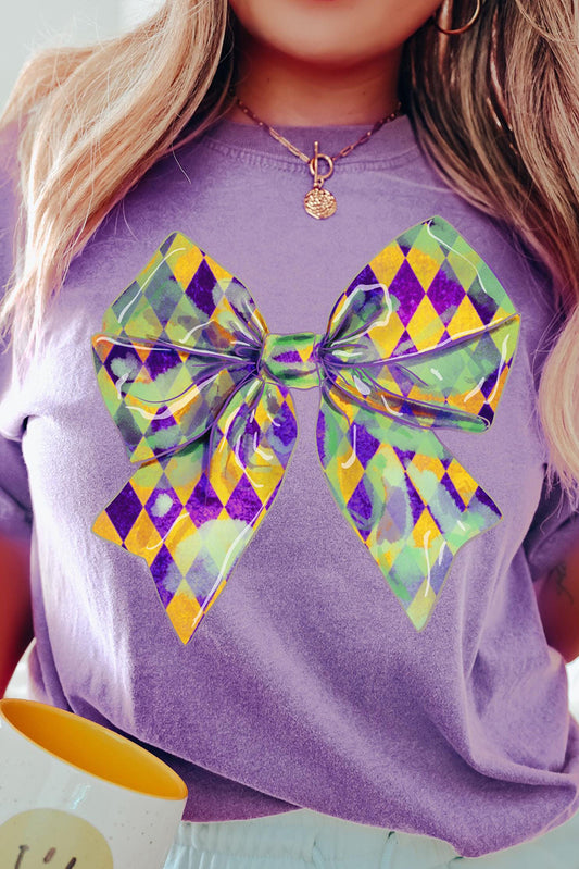 Wisteria Mardi Gras Bowknot Pattern Crew Neck T-Shirt