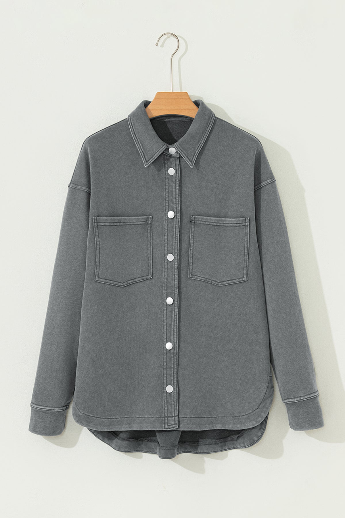 Medium Grey Mineral Wash Chest Pockets Shacket with Side Slit
